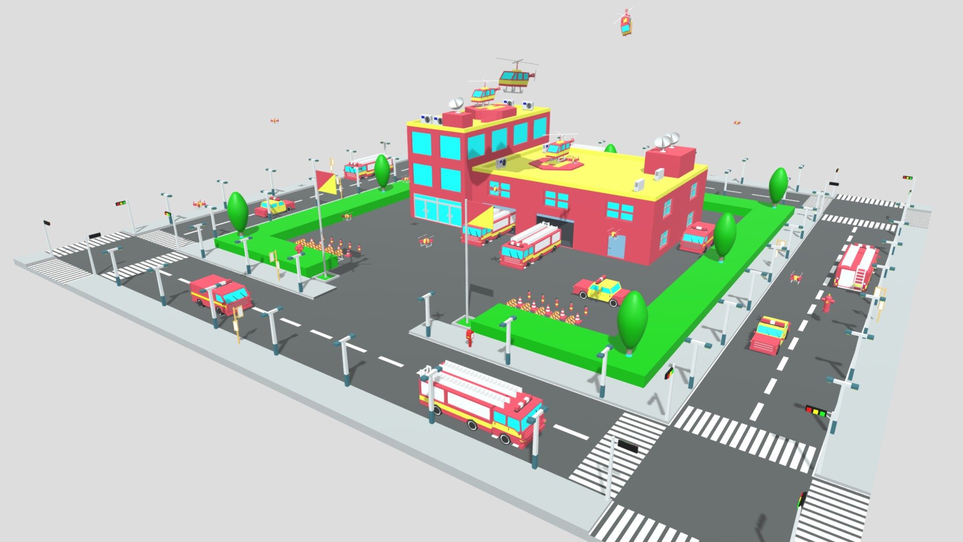 Cartoon City Fire Station

Fire Station
Fire Car
Fire Van
Fire Helicopter
Fire Drone
Traffic Light:
Street Light
Bus Stand
Post Box
Fire Hydrant
Cloud*4:
Satellite Receiver * 3
Fire Extinguisher * 10
Fire Flag * 2
Fire Roadblock * 10
Traffic Cone * 10
Verts: 47,400
Tris: 41,108 .

This product contains 325 objects.

-This product was created in Blender 2.935.

-Formats: blend, fbx, obj, c4d, dae, abc, stl, glb,unity.

-We hope you enjoy this model.

-Thank you 3d model