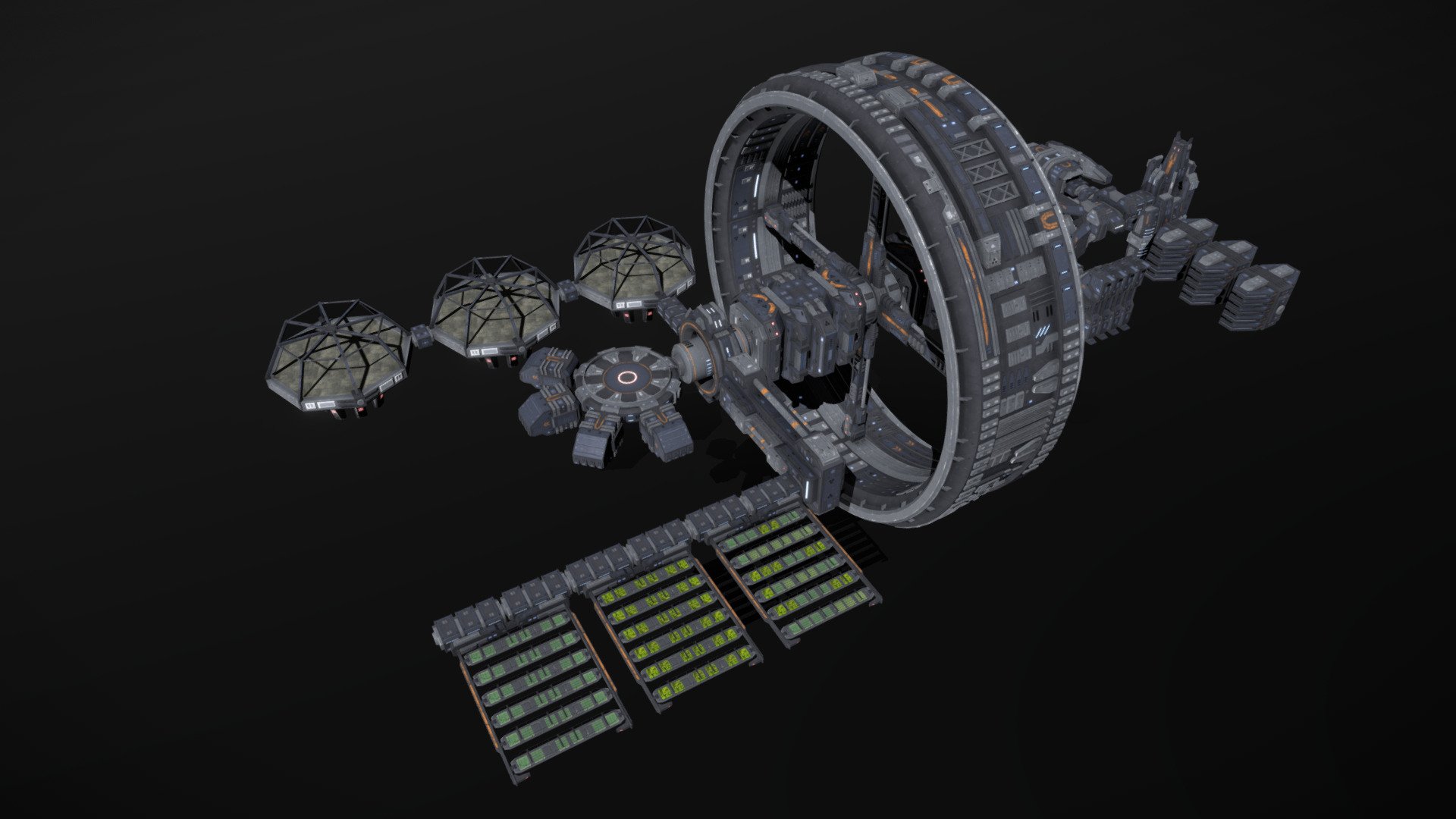 This is a model of a low-poly and game-ready modular scifi space station. 

The weapons are separate meshes and can be animated with a keyframe animation tool. The weapon loadout can be changed as well.

The model comes with several differently colored texture sets. The PSD file with intact layers is included too.

Please note: The textures in the Sketchfab viewer have a reduced resolution to improve Sketchfab loading speed.

If you have purchased this model please make sure to download the “additional file”.  It contains FBX and OBJ meshes, full resolution textures and the source PSDs with intact layers. The meshes are separate and can be animated (e.g. firing animations for gun barrels, rotating turrets, etc) 3d model