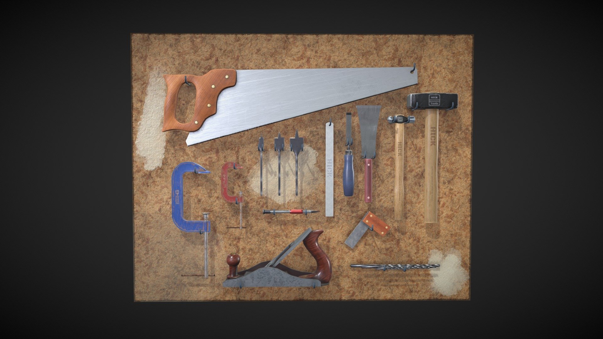Tool wall with 18 tools

100% quad design.
All Textures created in Substance Painter and exported in 2K PBR (Roughness/Metallic) formats.
Logically named objects, materials and textures.
Modelled in Blender 2.9
Textured in Substance Painter 2020.2.1.
Modelled to real world scales.
Fully and efficiently UV unwrapped using overlapping where possible to maximise texture resolution.
Game ready, as a single peice to fill out a scene or individual tools in a game.

Tested in Marmoset Viewer, Marmoset Toolbag, EEVEE and Cycles.



Wall - 482 faces


BallPeen Hammer - 344 faces
Center Punch - 288 faces
Chisel - 221 faces
Drillbit.001 - 551 faces
Drillbit.002 - 551 faces
Drillbit.003 - 551 faces
Drillbit.004 - 551 faces
G_Clamp Large - 720 faces
G_Clamp Small - 720 faces
Holesaw Large - 108 faces
Holesaw Medium - 108 faces
Holesaw Small - 108 faces
Lump Hammer - 190 faces
Plane - 457 faces
Ruler - 22 faces
Saw - 990 faces
Scraper - 86 faces
Square - 24 faces
 - Tool Wall With 18 Game Ready Tools - Buy Royalty Free 3D model by PBR3D 3d model