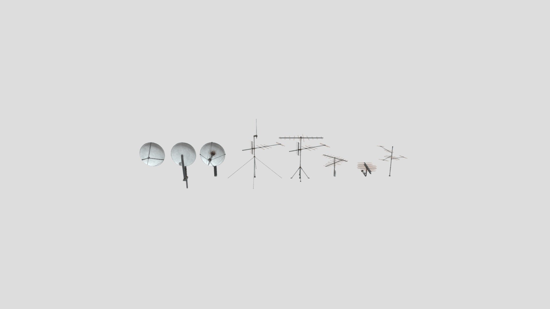 This Antenna and Radio pack contains:

3 Radio Dishes
5 Antennas
All of the meshes are seperated for ease of use and share 1 PBR 4k texture. The models have been UV Unwrapped for future texturing and have accompaning vertex colors 3d model
