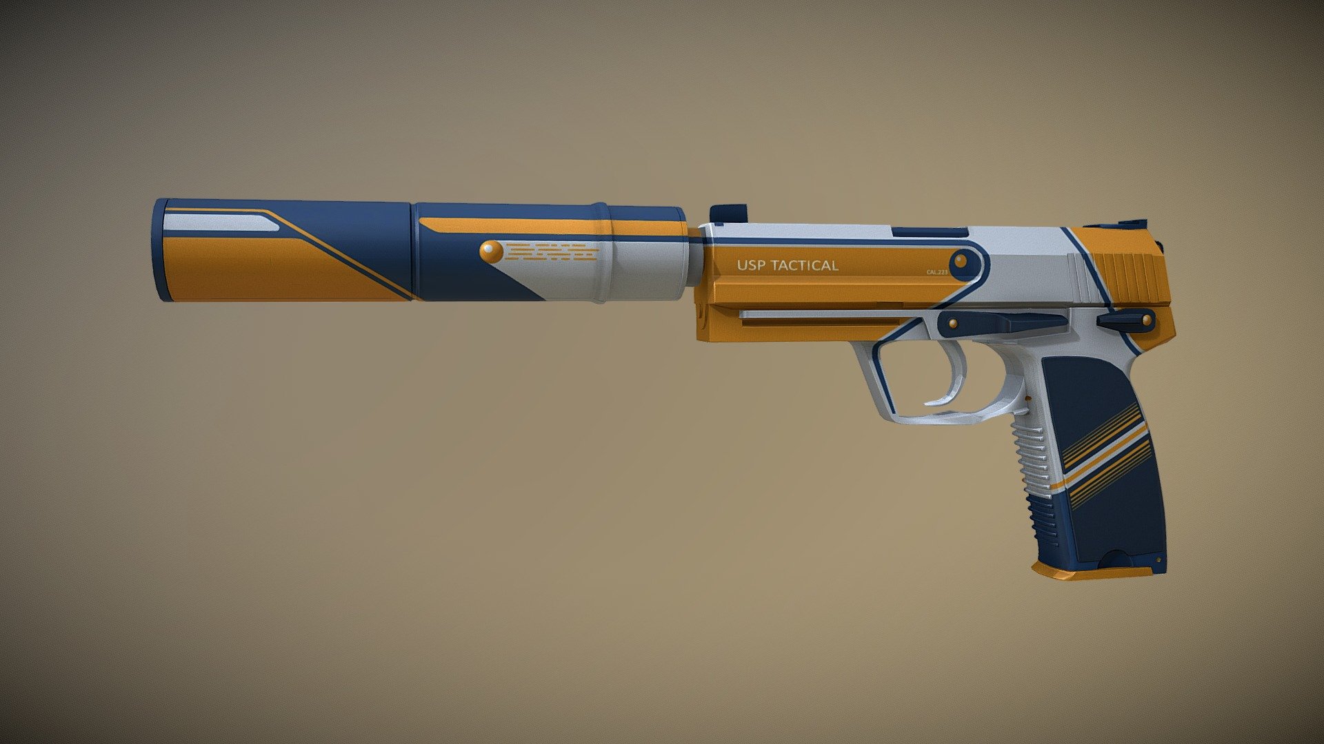 USP-S Airsoft is a skin for CS:GO with a design concept based on airosft markers. Blue and gold colors on top of the white base were inspired by Ford GT MkII track-only verison of the GT supercar. Design of the skin is shaped by two airsoft BB's, one on the body of the weapon and one on the scilencer, which strech the color of the weapon with their momentum 3d model