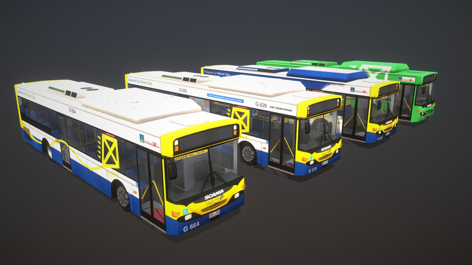A revamp of my Brisbane City Council Scania L94UB CNG [Volgren] intended for use in Transport Fever 2.

TpF2 Workshop Item: https://steamcommunity.com/sharedfiles/filedetails/?id=2594990377

Trivia:
Once typical of Brisbane’s fleet is this Scania L94UB with Volgren CR224L bodywork. The standard Volgren body has been altered in appearance with a normal Scania front. The kite symbol reflects the bus’ green credentials being CNG powered. The G prefix denotes its allocation to the Garden City depot which feeds the busway. Sadly in 2020, the Scania L94UB fleet have been retired from service and replaced by the Volvo B8RLE buses.

Info from https://www.showbus.co.uk/australia/gallery/brisscan.htm

Model Details
Head lights/Blink lights/Brake lights: True
Door Animations: True
Tris: 2,136 (exterior) / 4,259 (interior) [lod0]
Textures: TGA 2048x2048 (exterior) / TGA 512x512 (interior) - Brisbane City Scania L94UB Bus Pack (LHD) - Buy Royalty Free 3D model by Jotrain 3d model