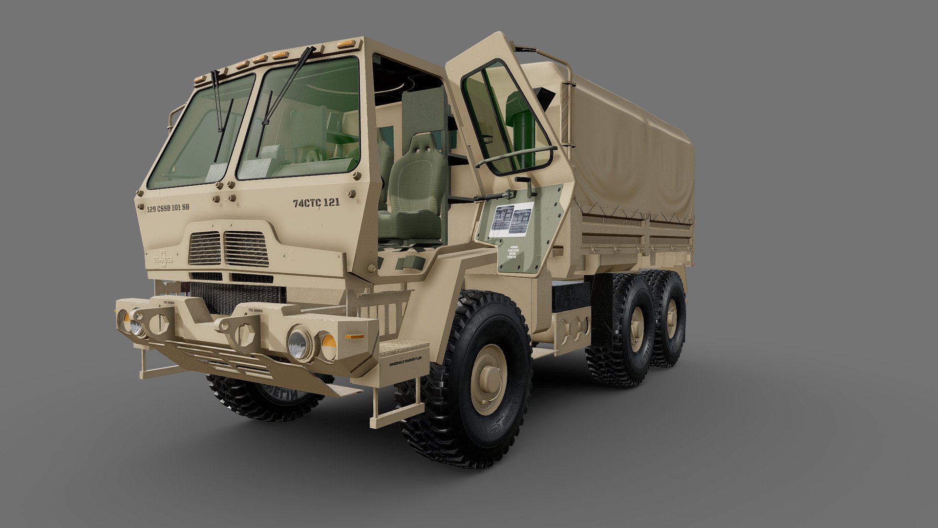 M1083 FMTV 6x6 General utility truck

This version of the M1083 FMTV comes with a 3D modeled and textured cabin




File format: Blend FBX OBJ

Materials/Textures: PBR textures in substance painter

Material Maps: Base color, Roughness, Metallic, Normal

Texture resolution: 4k textures

Polycount:




bjects: 73

Vertices: 60.871

Edges: 110.333

Faces: 51.488

Triangles: 102.303
 - M1083 FMTV 6x6 General utility truck - Buy Royalty Free 3D model by luisbcompany 3d model