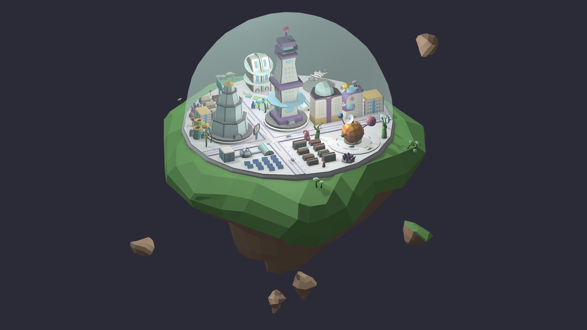 Low poly Flying Sci Fi Island City is ready to be used for games, rendering and advertising.

This set includes 53 unique props: island / dome / crystals / buildings / skyscrapers / houses / solar stations / spaceships / plants / trees / mushrooms / flowers and much more!

Includes a ready-made flying island scene. And you can scale the island to the size you need.

Technical details:


Vertex: 68223
Faces: 61531
Tris: 115752

Has only one color texture (2048/1024/512/256 /128px) and two materials for the entire set.

Files: Unity  Unreal Engine 4 package  Blender  fbx  obj

The original concept was used to create models.

Feel free to download it and leave your reviews, comments and likes. This will help us create more products for you :) - Flying Sci Fi Island City Low-poly 3D model - Buy Royalty Free 3D model by Mnostva 3d model