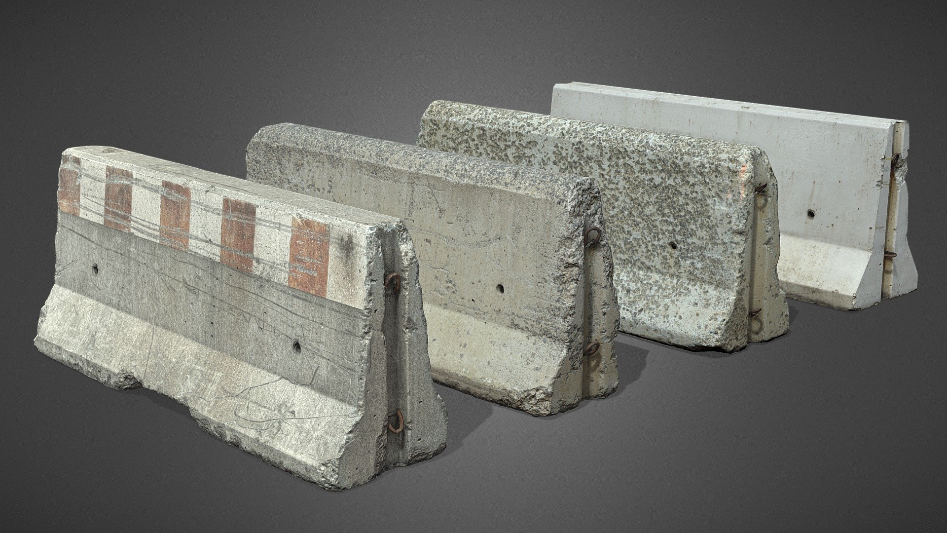 Set of four concrete road barrier models. Models are based on high fidelity photogrammetry scans therefore they look very realistic. Each one has set of 4K PBR textures (diffuse, metallic, normal, roughness, ambient occlusion). Models are retopologized (mid poly) and ready to use in Unity / Unreal or just render in software like Blender.  There are obj and fbx files in attachment. Also a .blend file with materials and basic lighting set up 3d model