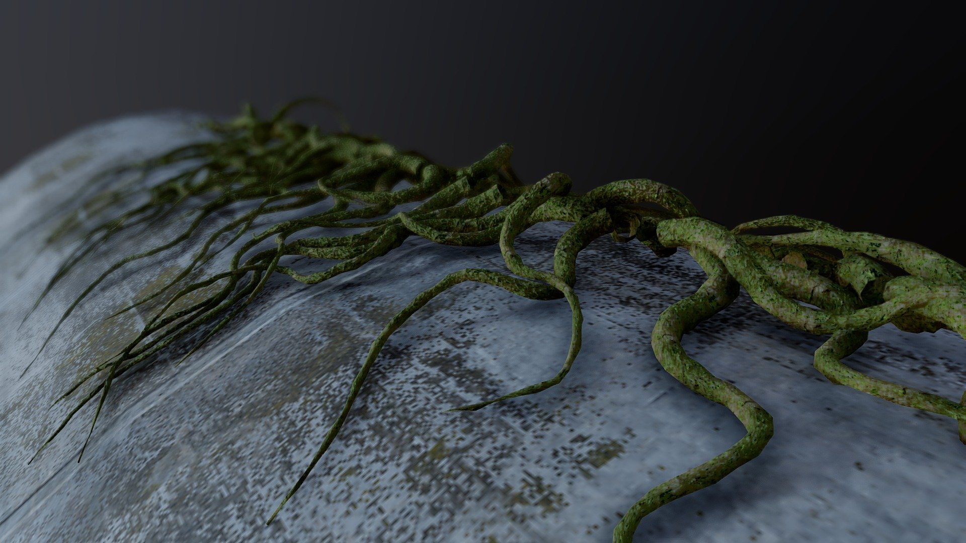 An organic plant like structure that wraps itself to surfaces. it originally ran up the column, but for the sake of viewing it, it was transformed to be lying down.

Completely procedural. First and foremost it's a ivy generator.

I have omitted the spine and leaves (optional) just to concentrate on the arms 3d model