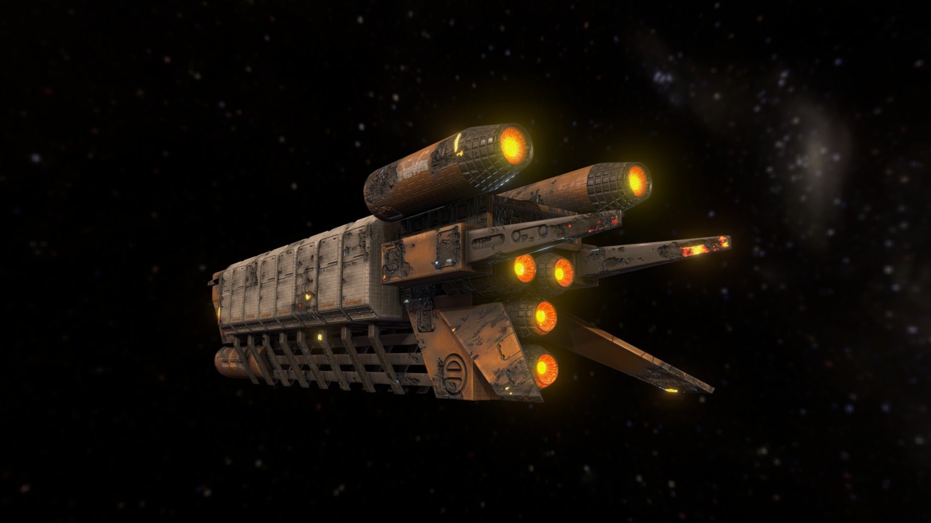 A big, burning mess of an interplanetary freighter ship. It's low-res since it will likely not be seen up close.

Made with 3DSMax and Substance Painter 3d model