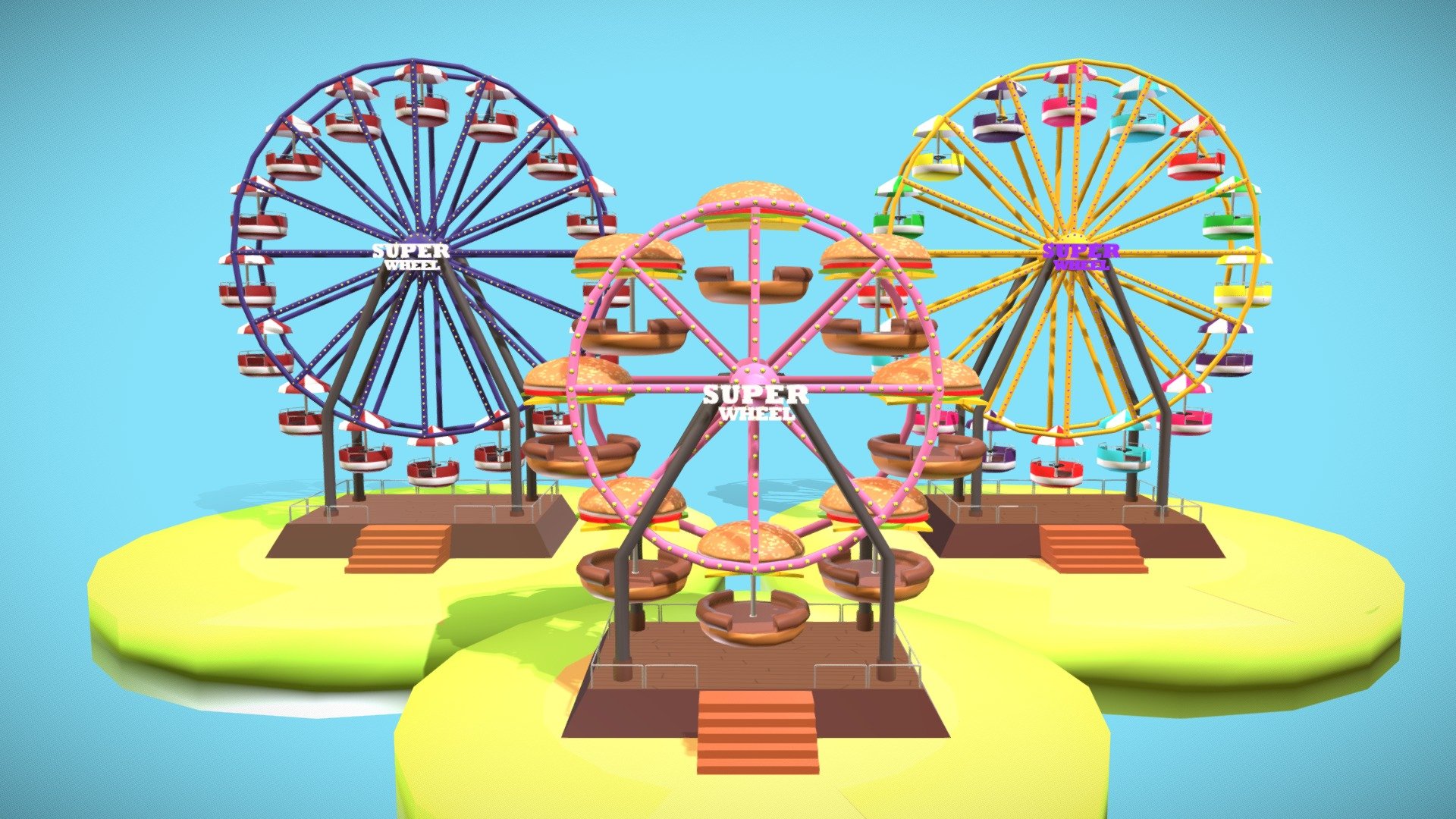 This is a Ferris wheel pack, is medium/low quality 3D model. That will enhance detail to any of your rendering projects. The model has a fully textured and detailed design that allows for close-up renders, and was originally modeled,texturized in Autodesk Maya 2018 and rendered with Arnold. The model have Uvs done and it contains all the textures. It very cute model it has colourful cabins(red,blue, yellow purple, green and pink).Also have hamburguers cabins, colorful ligths&hellip;

This model can be used for any type of work as: low poly or high poly project, videogame, render, video, animation, film…This is perfect to use like a part of a amusement park scene or for a postcard image with other decoration such as the carousel that you could see in my profile too…

This contains a .fbx and textures.

I hope you like it, if you have any doubt or any question about it contact me without any problem! I will help you as soon as possible, if you like it I will aprecciate if you could give your personal review! Thanks - Ferris Wheel Pack - Buy Royalty Free 3D model by Ainaritxu14 3d model
