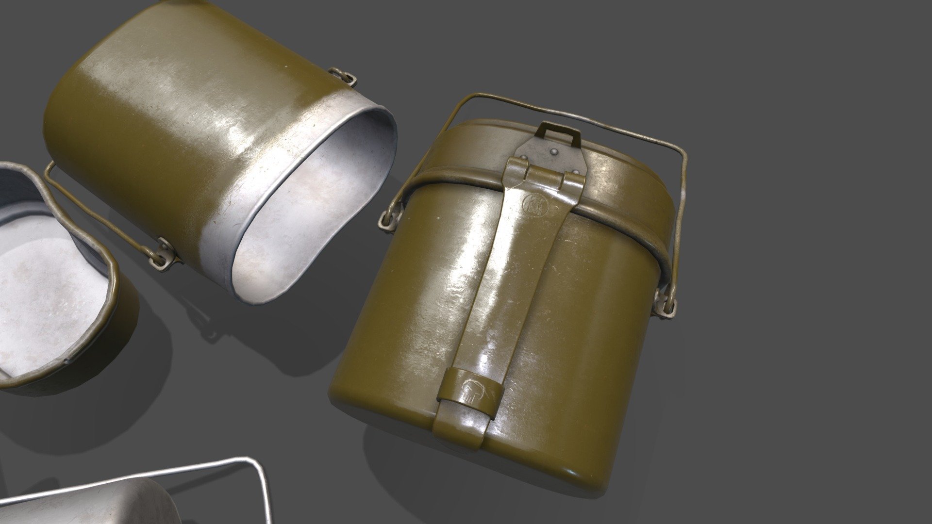 Russian &amp; Soviet Army Mess Kit Food Kettle Travel Pot.

1.3 L kettle with 0.5 L cover/frying pan.
150 x 100 x 170 mm. 
Very useful item for any outdoor activities 3d model