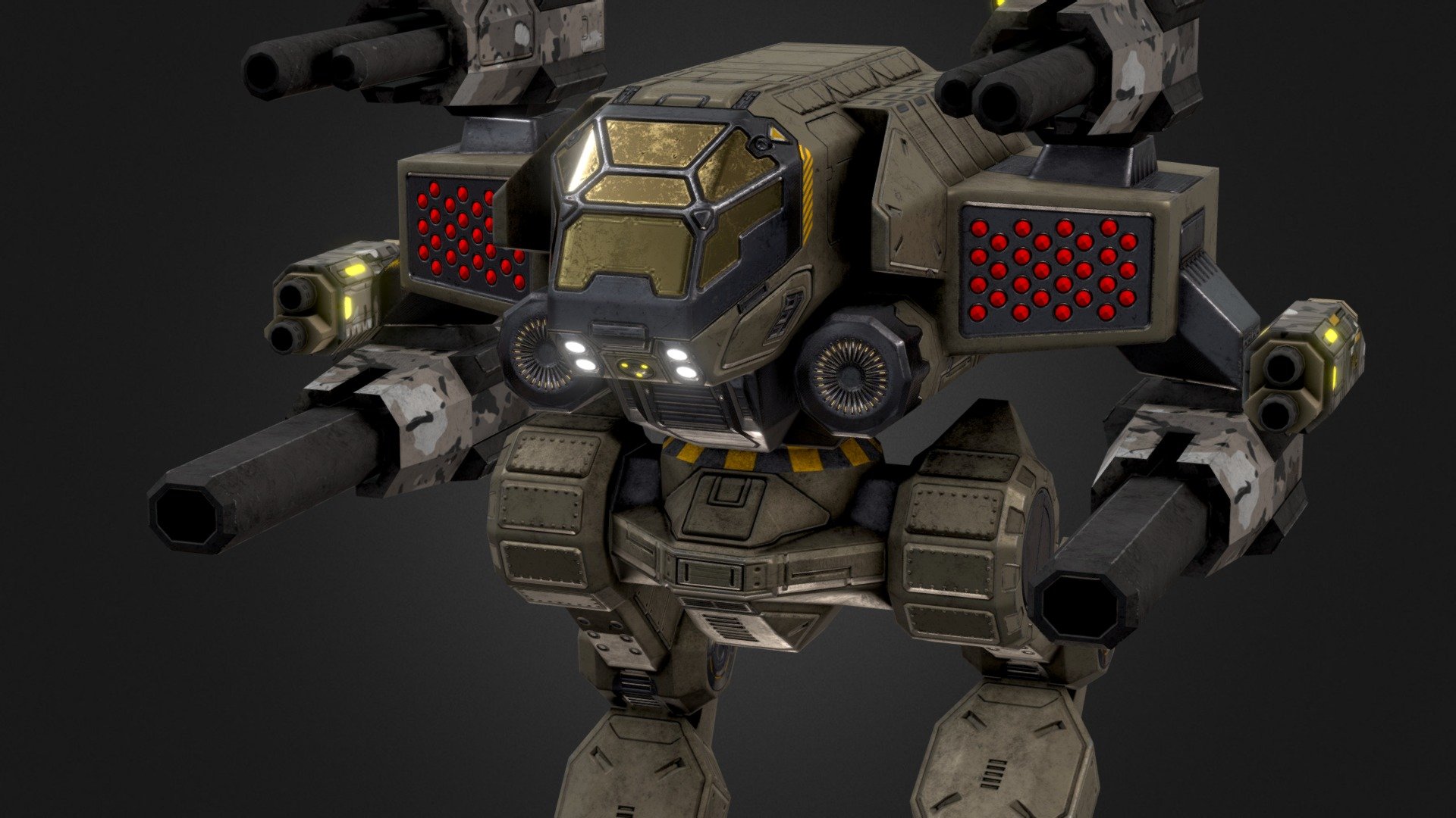 Spectre is one of my low-poly mech models designed for mobile game. It contains 4 moduler rifles and 2 lasers with high resolution diffusemap, normalmap,roughnessmap, emissivemap,metallicmap and specularmaps. Model is rigged and has walking animation embedded. Upon the request different animations can be added 3d model