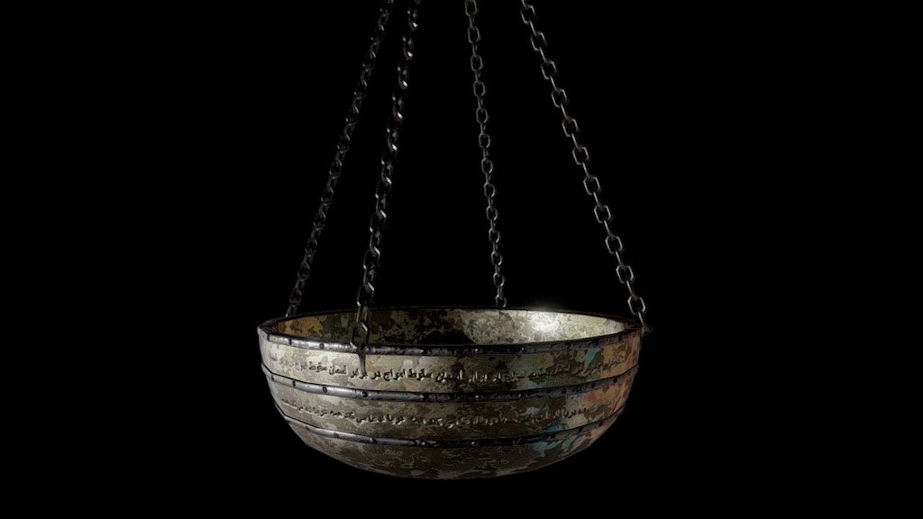 A hanging brazier modeled in Blender and Textured in Substance Painter.  Google Translate and MS Paint were used to make the alphas for the engravings.

https://www.artstation.com/artwork/aXBO8 - Hanging Brazier - 3D model by Brandon Baldwin (@ser_poopums) 3d model
