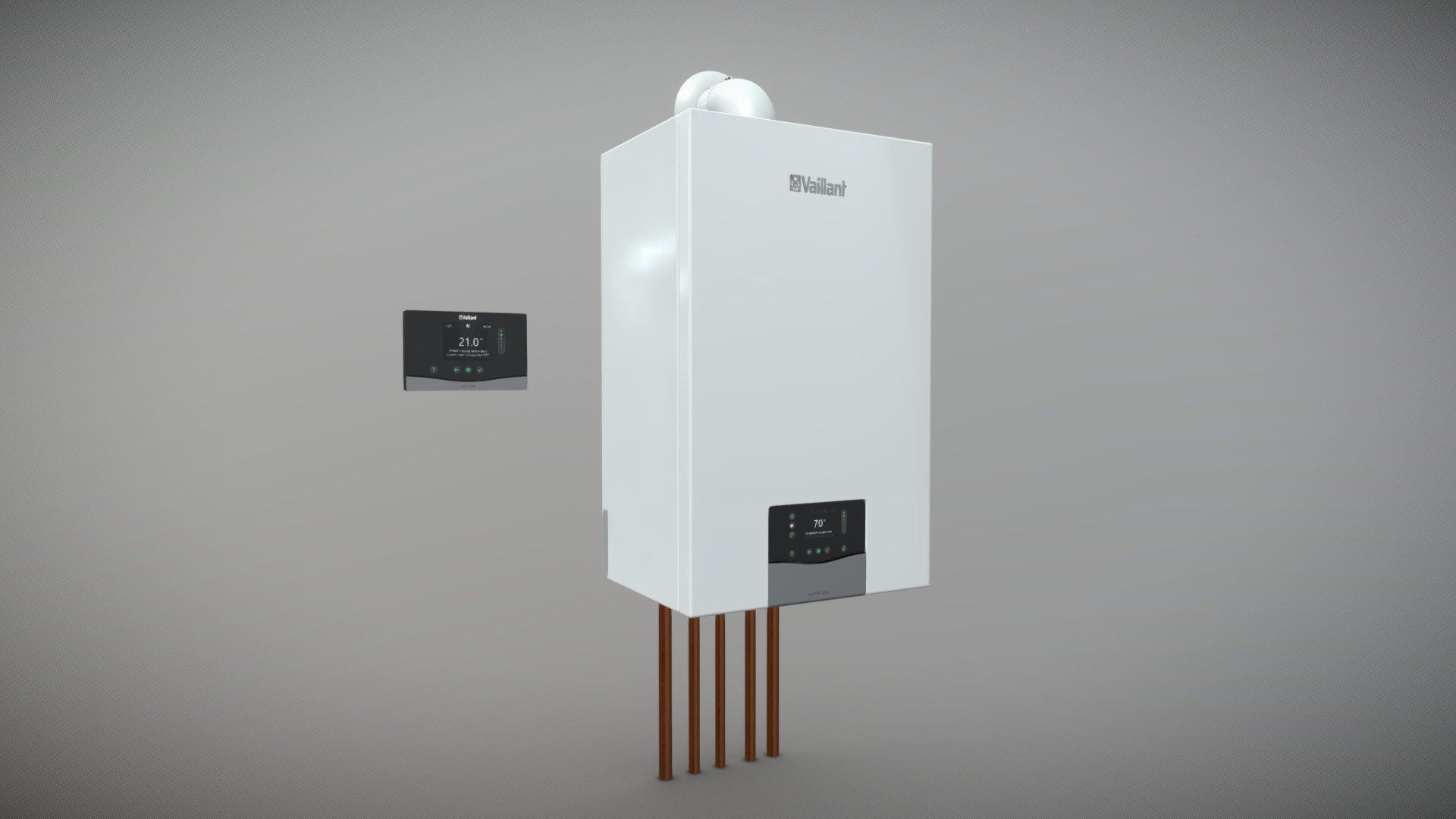 Realistic (copy) 3d model of ecoTEC plus gas boiler and sensoHOME VRT 380 Vaillant room regulator.

This set:
- 1 file obj standard
- 1 file 3ds Max 2013 vray material
- 1 file 3ds Max 2013 corona material
- 1 file of 3Ds
- 1 file blender cycles.

Topology of geometry:
- forms and proportions of The 3D model most similar to the real object
- the geometry of the model was created very neatly
- there are no many-sided polygons
- detailed enough for close-up renders

Materials and Textures:
- 3ds max files included Vray-Shaders
- 3ds max files included Corona-Shaders
- Blender files included cycles shaders
- all texture paths are cleared

Organization of scene:
- to all objects and materials names in scene are appropriated
- real world size (system units - mm)
- coordinates of location of the model in space (x0, y0, z0)
- does not contain extraneous or hidden objects (lights, cameras, shapes etc.) - Gas boiler and Vaillant room regulator - Buy Royalty Free 3D model by madMIX 3d model