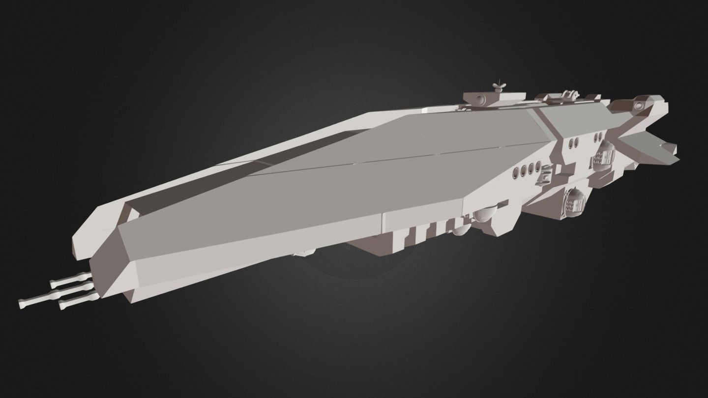My rendition of the Halberd-class Destroyer from Halo.

I may/may not texture this.

The Halberd-class destroyer is a heavy escort classification in the UNSC Navy. It is best suited to direct ship combat and assaults. 

Also known as the Thanatos-class, the Halberd is a surprising ship, and very superior to Frigates in ship-to-ship combat. Her armor is thicker than even a Paris's, she has two MAC cannons, more missile launchers, a number of auto turrets, and for all that extra weight is still fast and agile. Destroyers are often the first ships to engage the enemy, and can take on Covenant cruisers in small groups. 

When fielded in larger numbers, Halberd Destroyers can work with cruisers to focus fire on the larger Covenant cruisers and carriers, or protect them from Frigates and strike craft 3d model