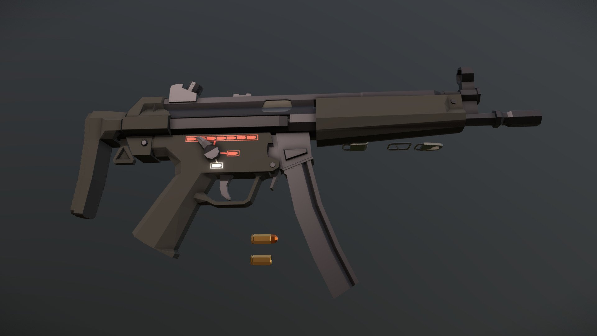 Low-Poly model of the well known H&amp;K MP5, with collapsible stock, and metal components of three-point sling included. the MP5 is preferred by the SAS in this setup, as a technique known as &ldquo;sling tension aiming