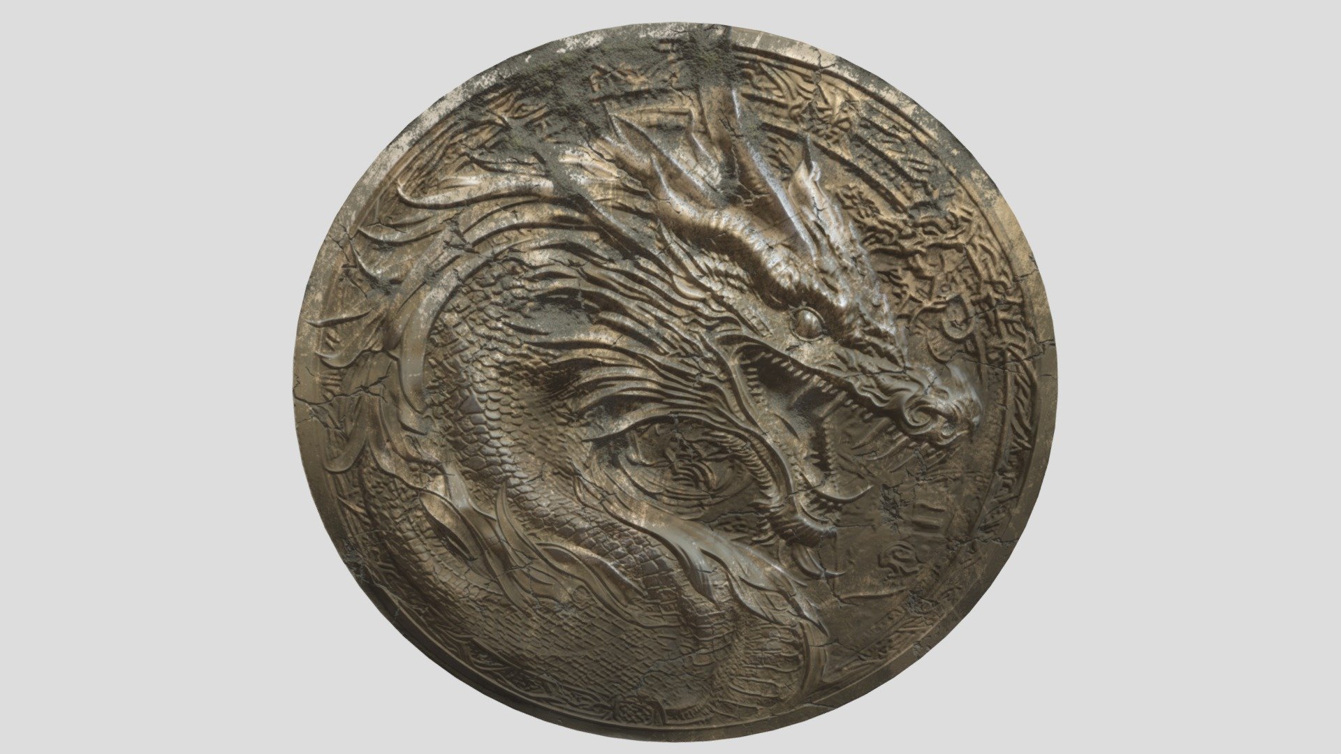 Fantasy dragon coin made with Mid Journey, Photoshop, Substance Painter, Sampler and Blender.  This is the last of the three coins. I hope you enjoy them. This one was made to appear to be heavily aged and worn 3d model
