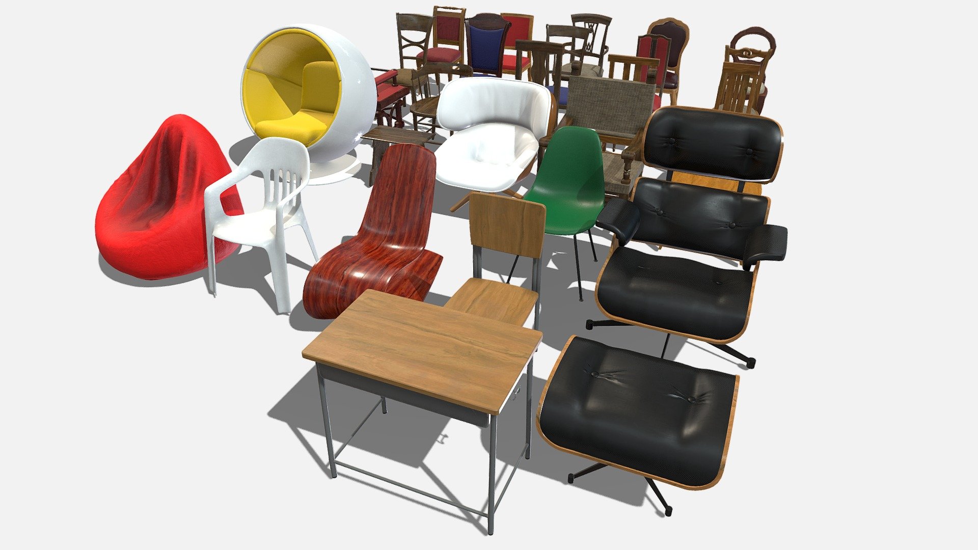 Detailed Description Info:

Model: Chair Collection 
Media Type: 3D Model 
Geometry: Quads/Tris 
Polygon Count: 98702
Vertice Count: 100029
Textures: Yes 
Materials: Yes 
Rigged: No 
Animated: No 
UV Mapped: Yes 
Unwrapped UV's: Yes Non-Overlapping

|||||||||||||||||||||||||||||||||||

Textures formats: PBR textures include specular, gloss, diffuse and normal maps in 2K resolution - Chairs - Buy Royalty Free 3D model by studio lab (@leonlabyk) 3d model
