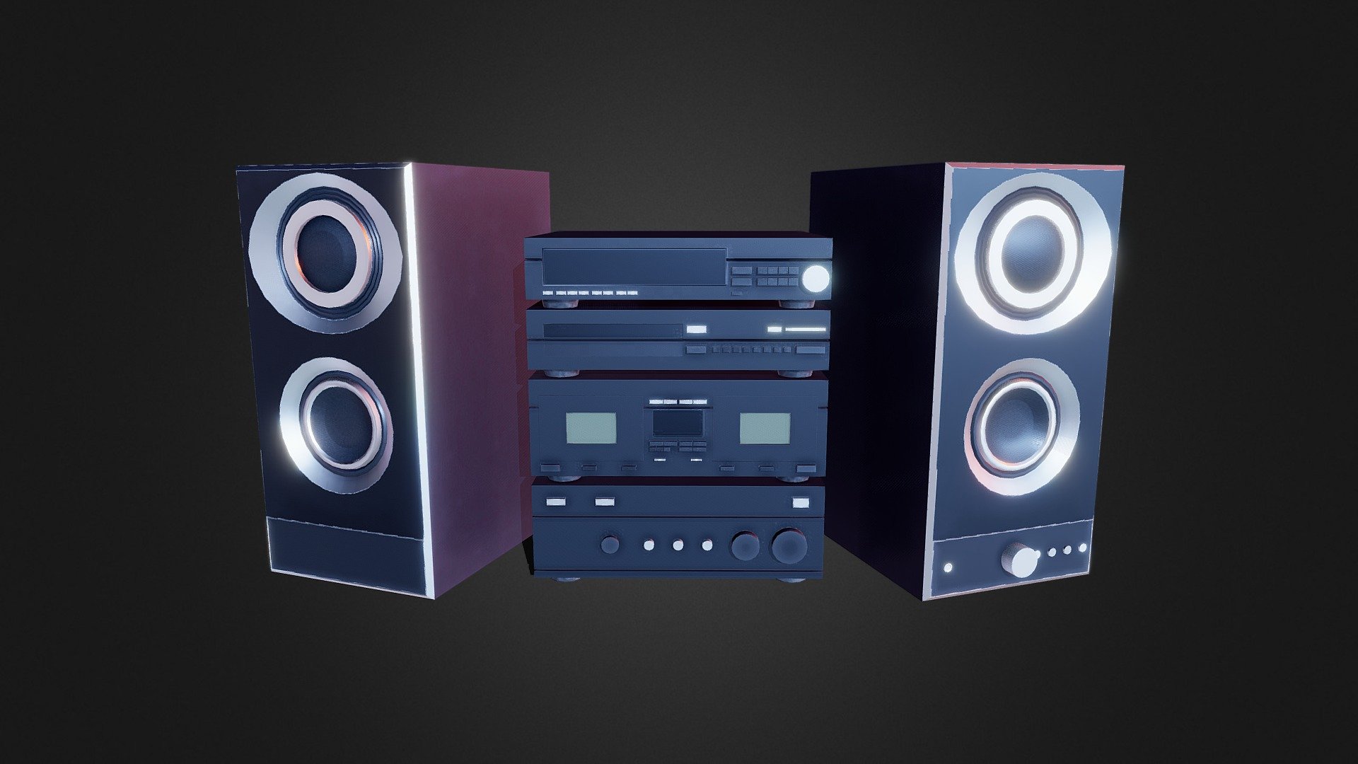 Audio system complete with speakers. 



Unity ready background asset with 1k textures aimed at 10.24 PX/CM texel density.



2 LOD levels for both audio system and speakers.



Blend file included.



By Studio Semitorus 3d model
