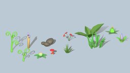 low poly plantes green, grass, mushroom, flower, pack, nature, plantes, lowpoly