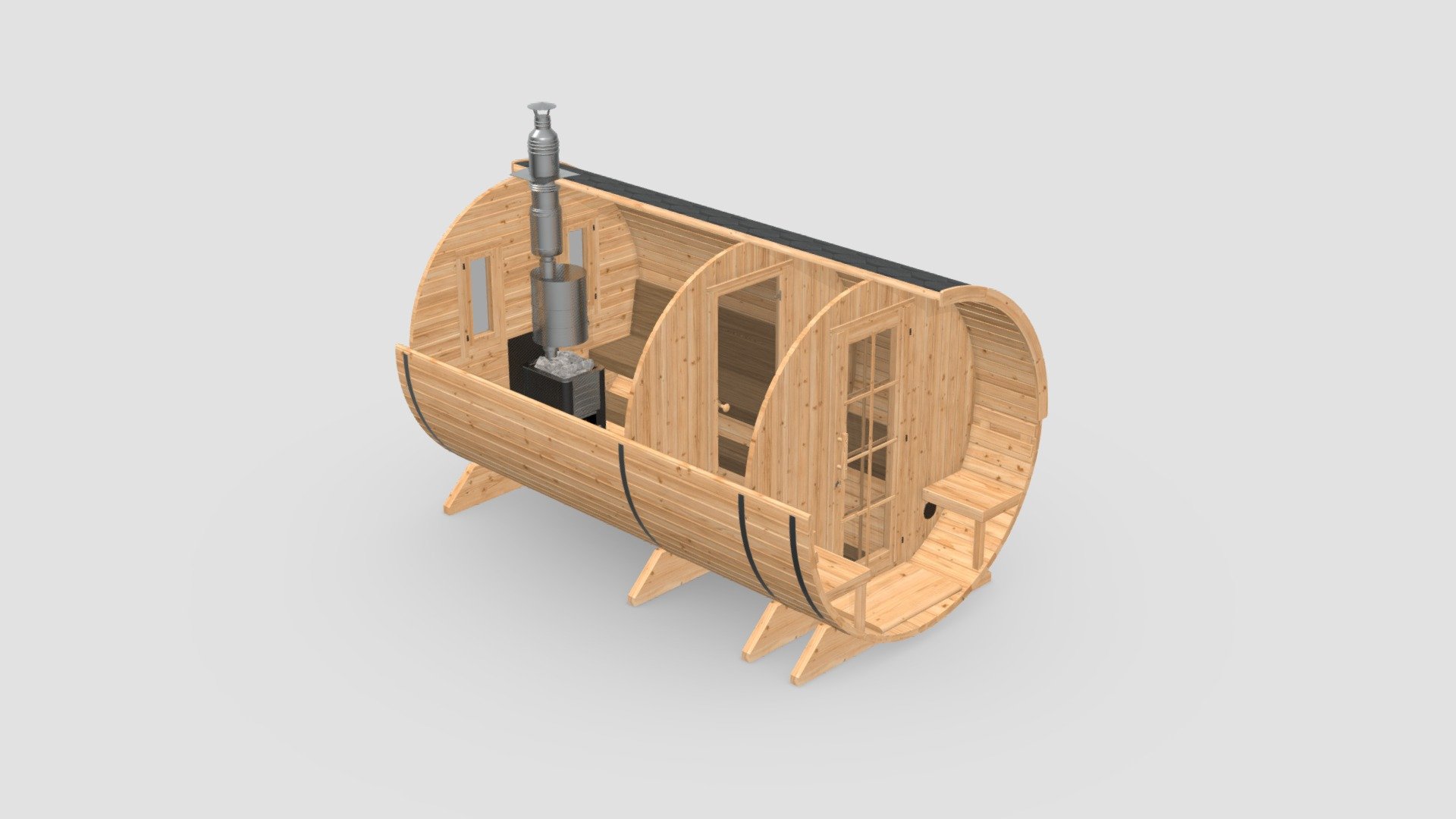 Barrel Sauna, 4 meters long. Made in 3ds Max, packed with all textures. FBX, OBJ and 3ds Max source also included in the additional file - Other_Files.zip

PBR materials, optimized geometry, AR / VR ready 3d model