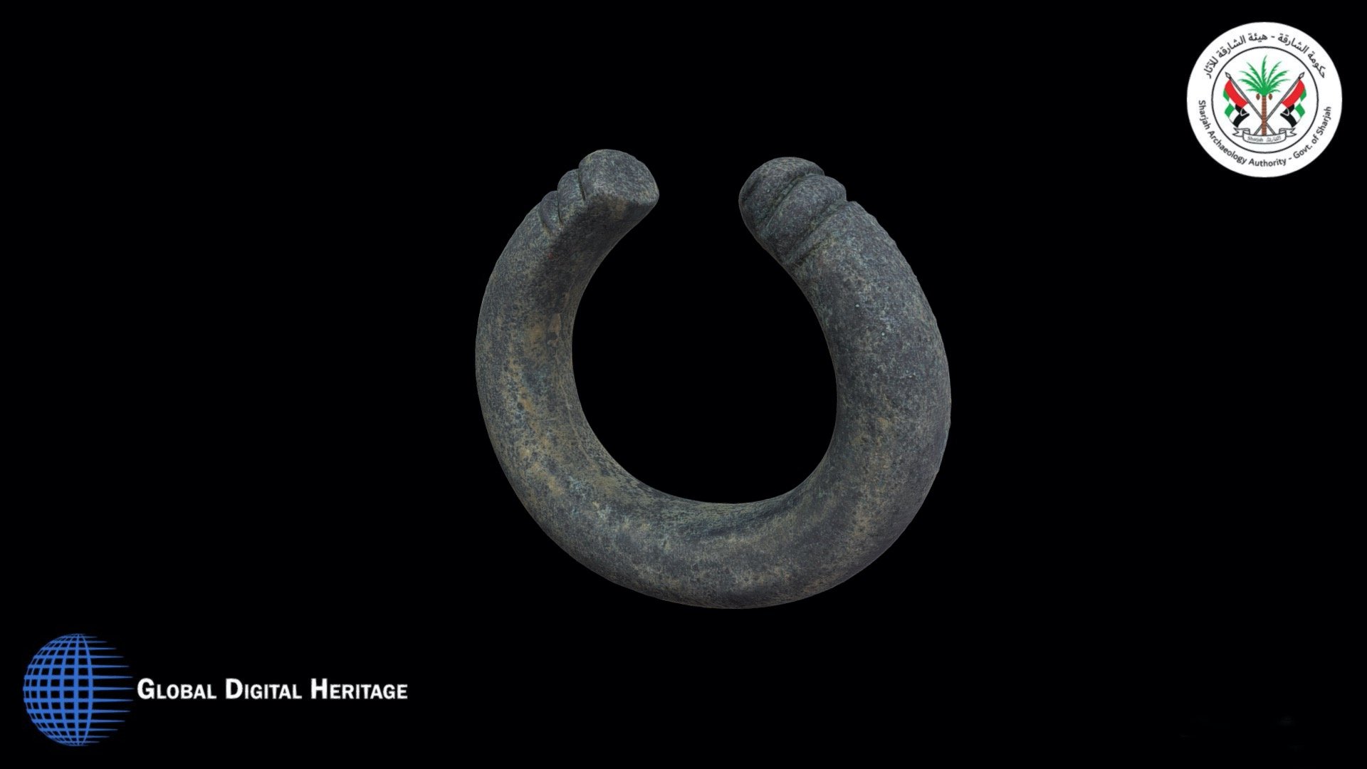 Iron Age heavy (435 gr.) bronze anklet/bangle with incised decoration around the open ends., Jebel al-Buhais, Sharjah, UAE. On display in the Mleiha Archaeological Center. 1st millennium BCE.  Catalog number EXS116. Processed in Reality Capture from 482 images 3d model