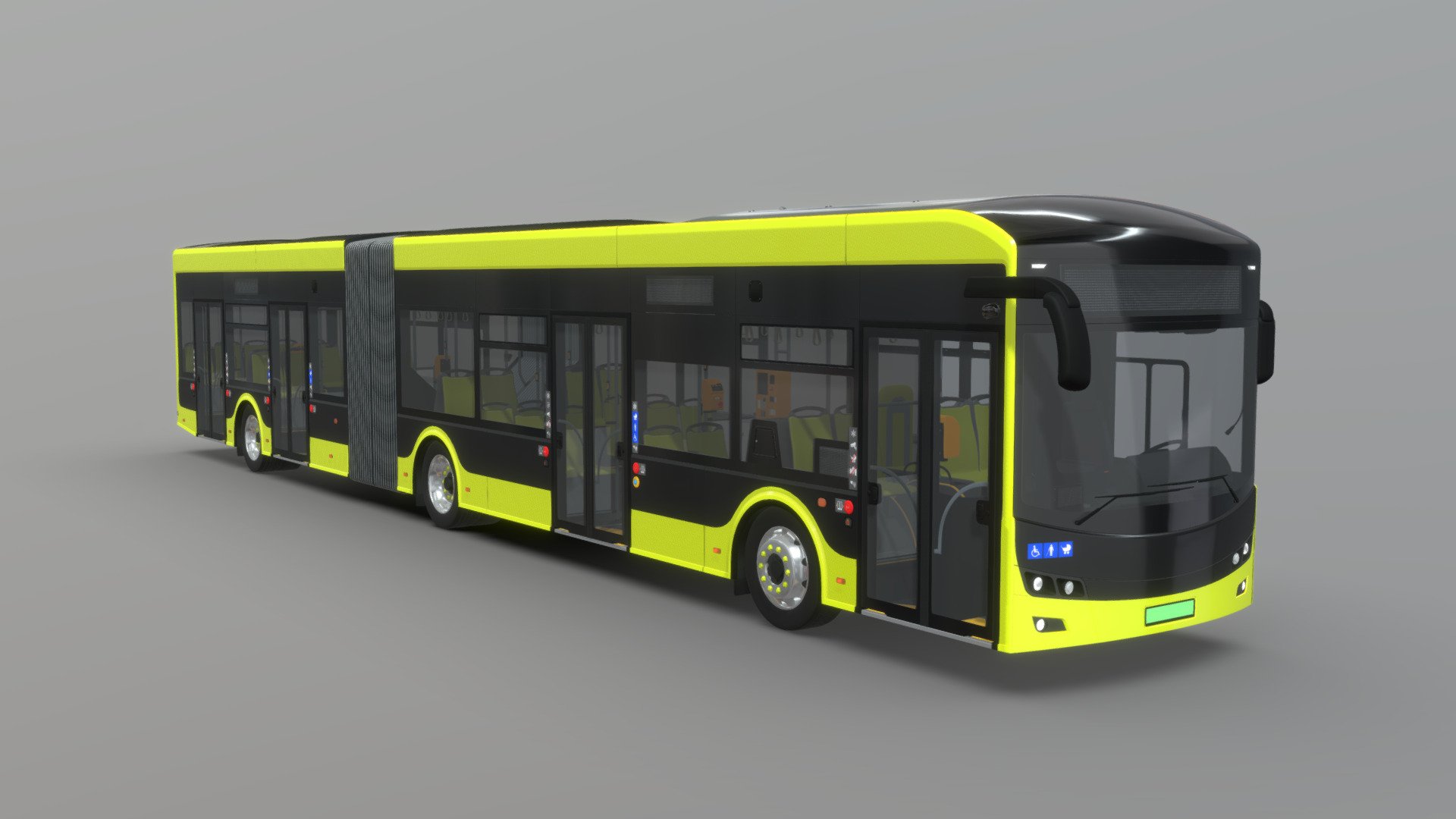 Articulated bus based on the II generation of my low-floor, emission-free, electric city bus. This version is equipped with a roof-mounted panthograph charger and has an enclosed cabin. New validators and a ticket machine were installed. Compared to the previous generation, the new model has undergone a slight lifting of the exterior. The interior has changed as well. By repositioning the engine and moving most of the batteries and other equipment to the roof of the bus, the number of seats was increased. The length: 18100mm, height: 3300mm. Number of seats: 45 (From the technical point of view, the steering wheel was seperated from the desk and is now a seperate object.) - Articulated Electric City Bus [w/ Pantograph] - Buy Royalty Free 3D model by KolorowyAnanas 3d model