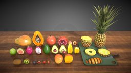Fruits Pack fruit, pineapple, fruits, realistic, vegetable, strawberry, papaya, mango, kiwi, dragonfruit, apricot, avacado, fig, pomegranate, starfruit, guava, texture, pbr, model