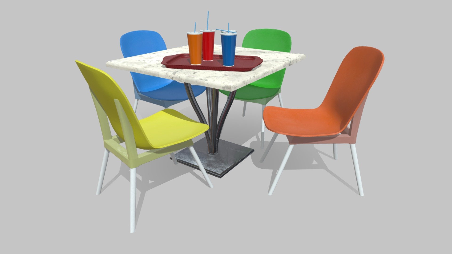This is a model of the seats from the restaurant's cafe.

There are 1 table, 4 chairs, 1 tray, 4 glasses for cold drinks.

Including FBX, OBJ formats.

Additional file BLEND, SPP formats.

With BaseColor, Height, Metallic, Roughness, Normal, Opacity maps textures.

Low Poly.

Game development.

Design.

Interior.

The model is also useful for interior modeling, as a decorative item.


Table:

Vertices: 6896.

Edges: 13736.

Polygons: 6846.

Triangles: 13780.


Chair:

Vertices: 9920.

Edges: 19759.

Polygons: 9835.

Triangles: 19839.


Tray:

Vertices: 1804.

Edges: 3602.

Polygons: 1804.

Triangles: 3668.


Cup:

Vertices: 8915.

Edges: 17900.

Polygons: 8987.

Triangles: 17826.


All texture maps: 2048x2048.

Created in Blender and Substance Painter 3d model