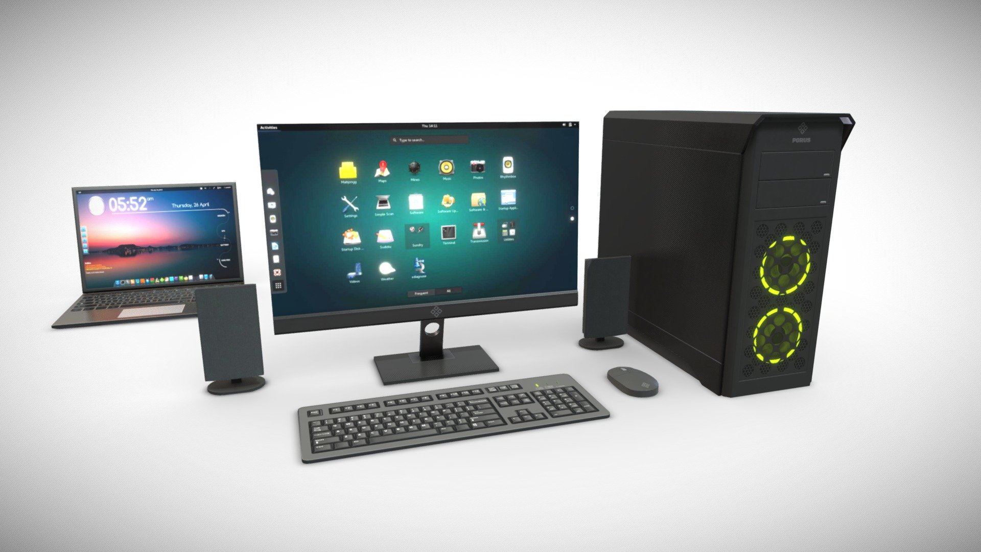 A PC set including a monitor, an rgb case, a keyboard, a mouse and speakers. Plus a laptop. All of them share the same 4K texture set and is both high quality and game ready 3d model