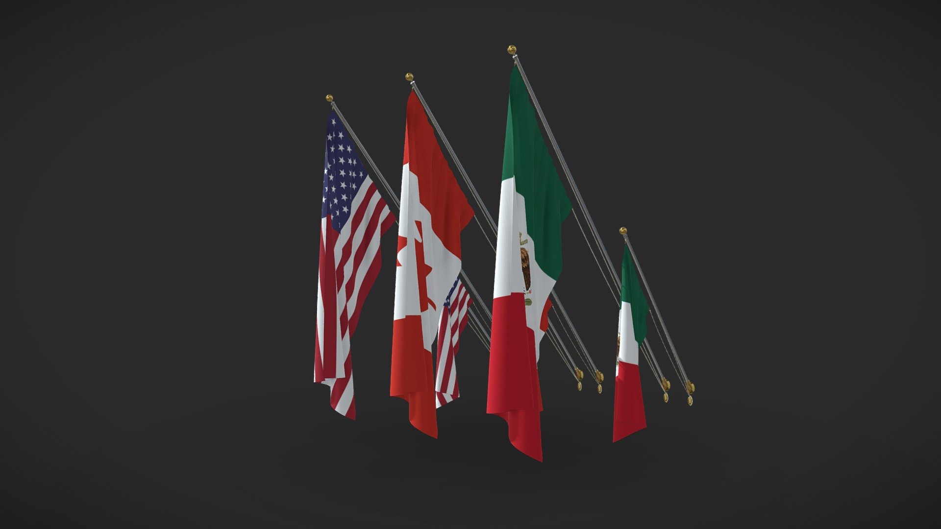 45 degree 15' Wall Mounted Flag Pole + 45 degree 8' Wall Mounted Flag Pole

About 50k poly per flag and flag pole.

Archviz Ready.
Flag Textures CC0

UV mapped, materials seperated for easy changes 3d model