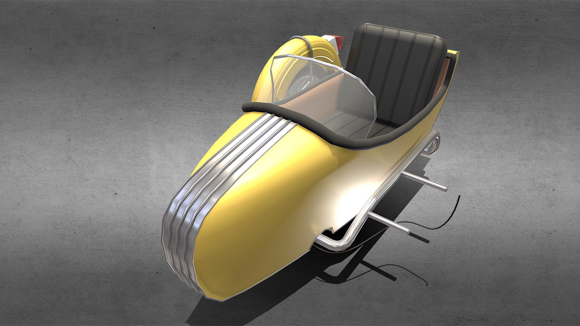 Highly detailed motorcycle sidecar 3d model rendered with Cycles in Blender, as per seen on attached images. 

The 3d model is scaled to original size in Blender.

It comes with 2 versions per format, one with solid modeled tires and the other one lower poly with tire details resulted from a bump map. The original poly count is for the lower poly version.
File formats:
-.blend, rendered with cycles, as seen in the images;
-.blend, with low poly tire, rendered with cycles, as seen in the images;
-.obj, with materials applied;
-.obj, with low poly tire, with materials applied;
-.dae, with materials applied;
-.dae, with low poly tire, with materials applied;
-.fbx, with materials applied;
-.fbx, with low poly tire, with materials applied;
-.stl;
Files come named appropriately and split by file format.
3D Software:
The 3D model was originally created in Blender 2.8 and rendered with Cycles.
Materials and textures:

Don't forget to rate and enjoy! - Motorcycle sidecar - Buy Royalty Free 3D model by dragosburian 3d model