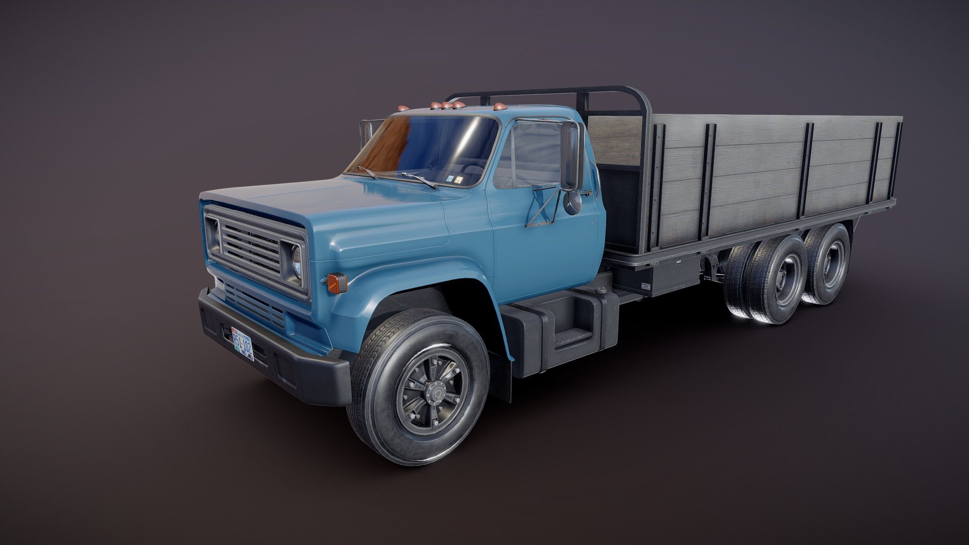 Vintage industrial flatbed truck game ready model.

Full textured model with clean topology.

High accuracy exterior model

Different tires for rear and front wheels.

Full model - 49922 tris 29195 verts

High detailed rims and tires, with PBR maps(Base_Color/Metallic/Normal/Roughness.png2048x2048 )

Original scale. Lenght 7m , width 2.1m , height 2.37m.

Model ready for real-time apps, games, virtual reality and augmented reality 3d model