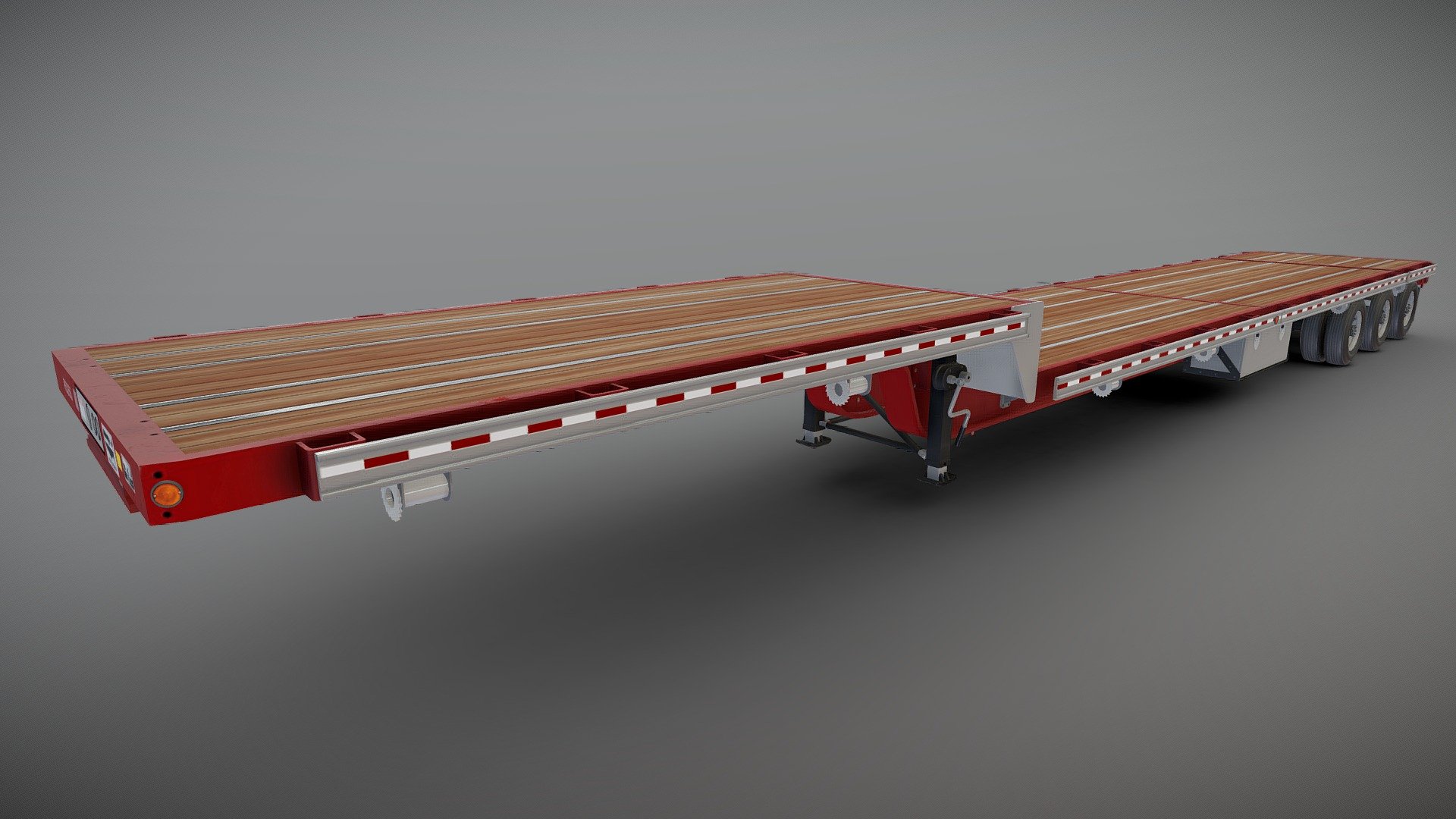Dropdeck Trailer game ready model.

Full textured model with clean topology.

Two types of wheels.

Full model - 68604 tris 39515 verts

High detailed rims and tires, with PBR maps(Base_Color/Metallic/Normal/Roughness.png2048x2048 )

Three piant schemes - red, black and blue.

Original scale.

Lenght 20m , width 3m , height 3.1m.

Model ready for real-time apps, games, virtual reality and augmented reality.

Asset looks accuracy and realistic and become a good part of your project 3d model