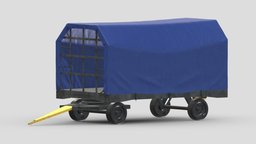 Covered Airport Luggage Trailer trolley, truck, bed, airplane, platform, trailer, transport, wagon, ground, cart, transporter, equipment, airport, support, realistic, cargo, large, terminal, luggage, covered, baggage, 3d, low, car, blue