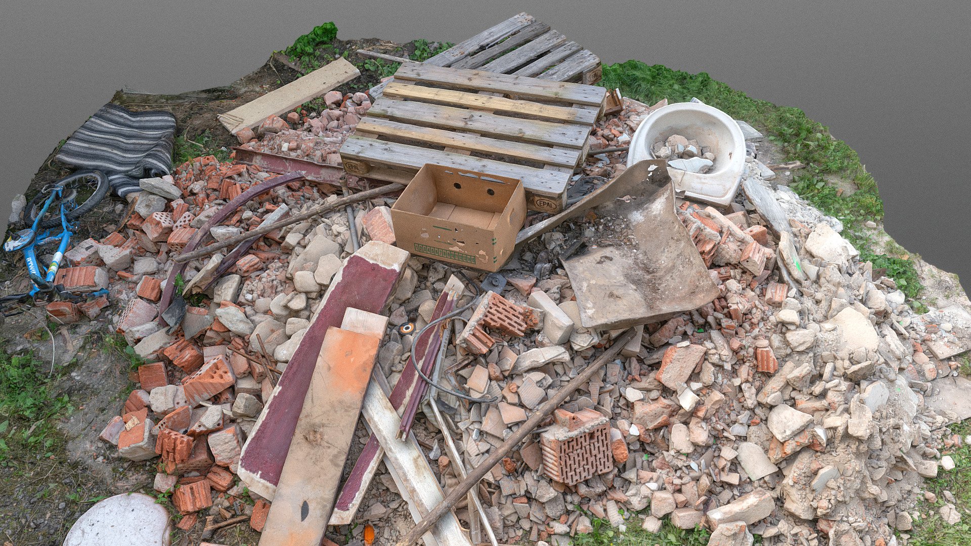 Debris from appartment reconstruction building work, ruin concrete bricks rubble heap with bike, ceramic sink, transport pallets

photogrammetry scan (250x24MP), 3x16K textures + Normals from 4M tris - Appartment debris - Download Free 3D model by matousekfoto 3d model