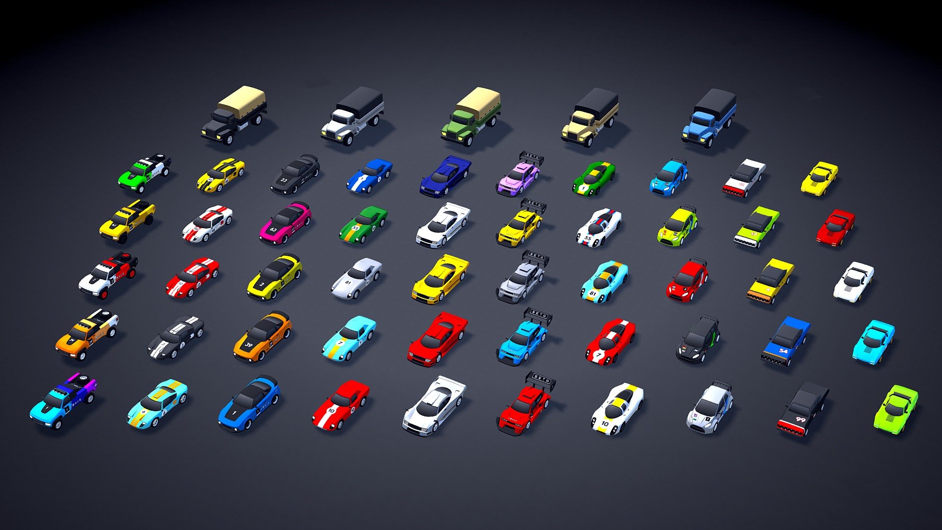 This is the (free) August update of my asset called ARCADE: Ultimate Vehicles Pack. This update will be launched on August 4th. Available in Unity3D (in the Unity Asset Store) and Sketchfab! (FBX + UNITY Files included).

The update includes 3 new vehicles (racing cars and military trucks). Moreover, I updated 8 racing cars with vinyl and decals. During the following months I will be updating all racing cars with these visual enhancements. Zoom-in and check it!

Best regards, Mena 3d model