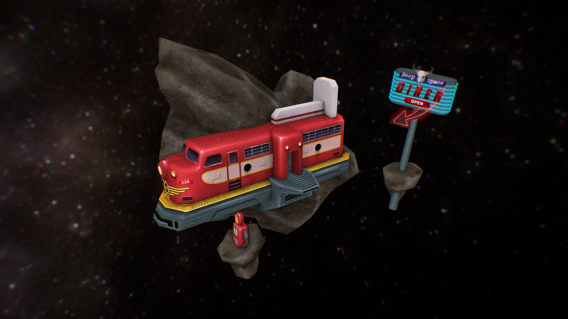 Low poly hand painted space cafe/gas station made of an old train with neon sign. My work for unreleased mobile project. Original concept by Nickolai Dikhtyarenko 3d model