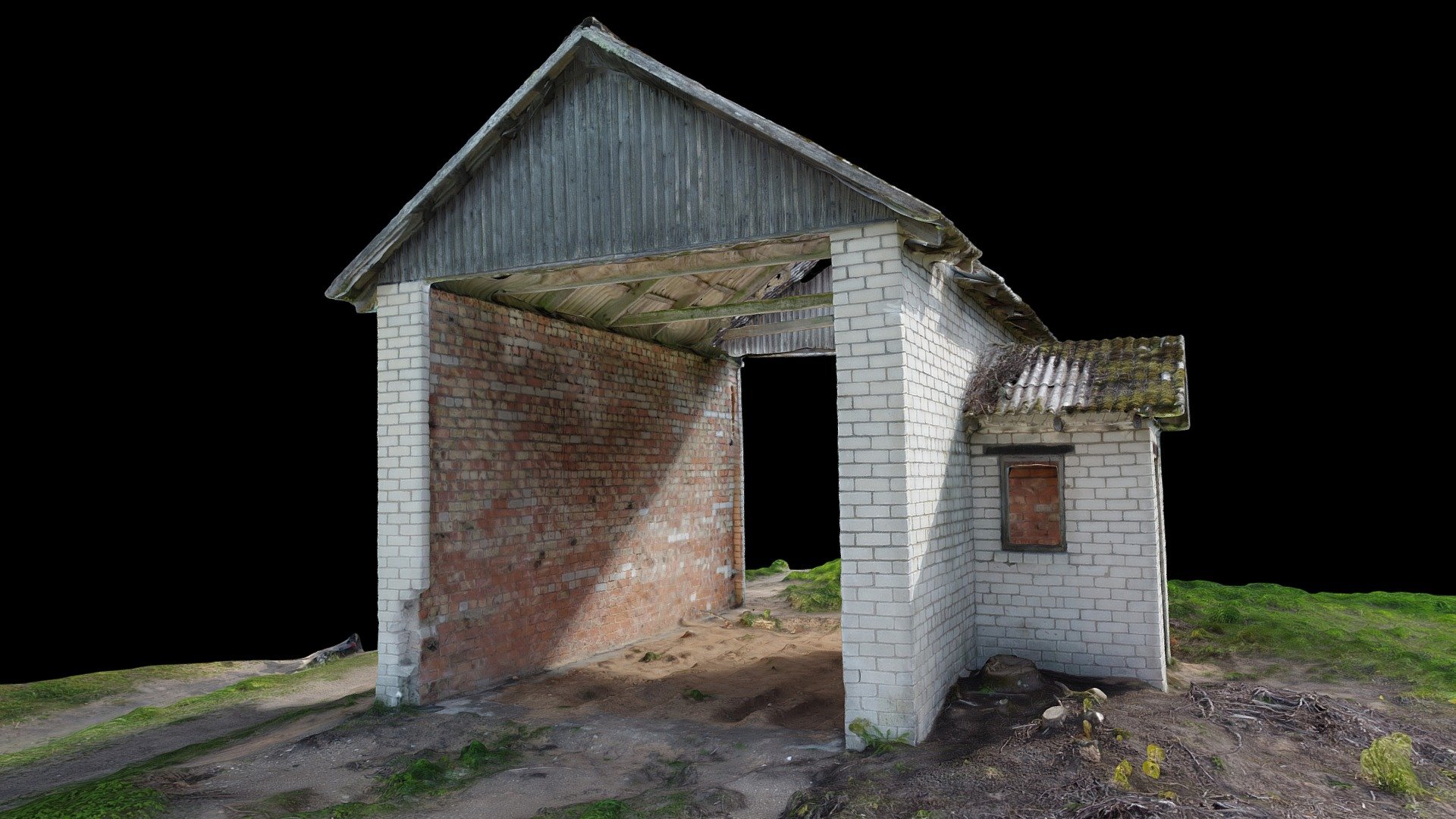Old, abandoned farm house in a field. 
Brick walls, tiled roof, planks 3d model