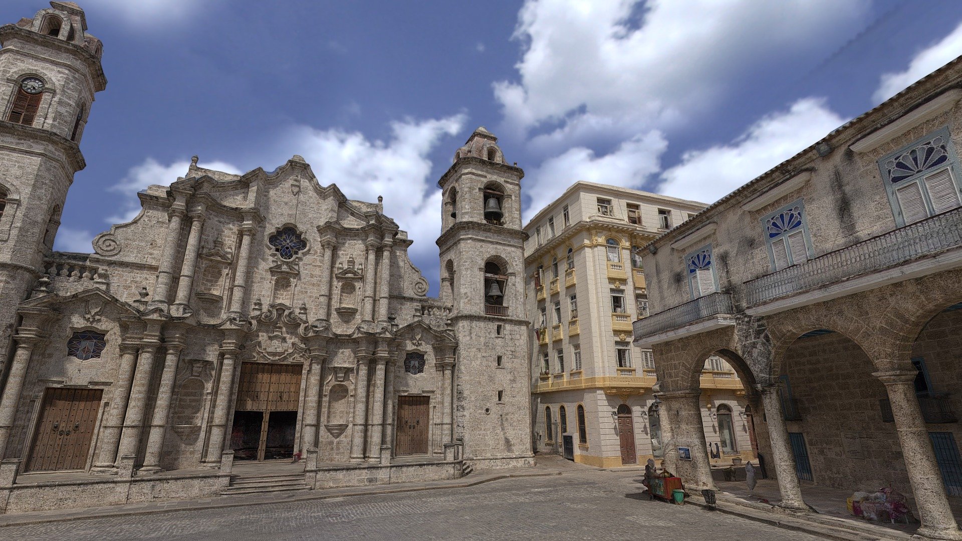 Photogrammetry of Cathedral Square.  

This is one of the four main squares in Old Havana and the site of the Cathedral of Havana from which it takes its name. Originally a swamp, it was later drained and used as a naval dockyard. Following the construction of the Cathedral in 1727, it became the site of some of the city's grandest mansions. It is the site of the Museo del Arte Colonial (Colonial Art Museum) and a number of restaurants 3d model
