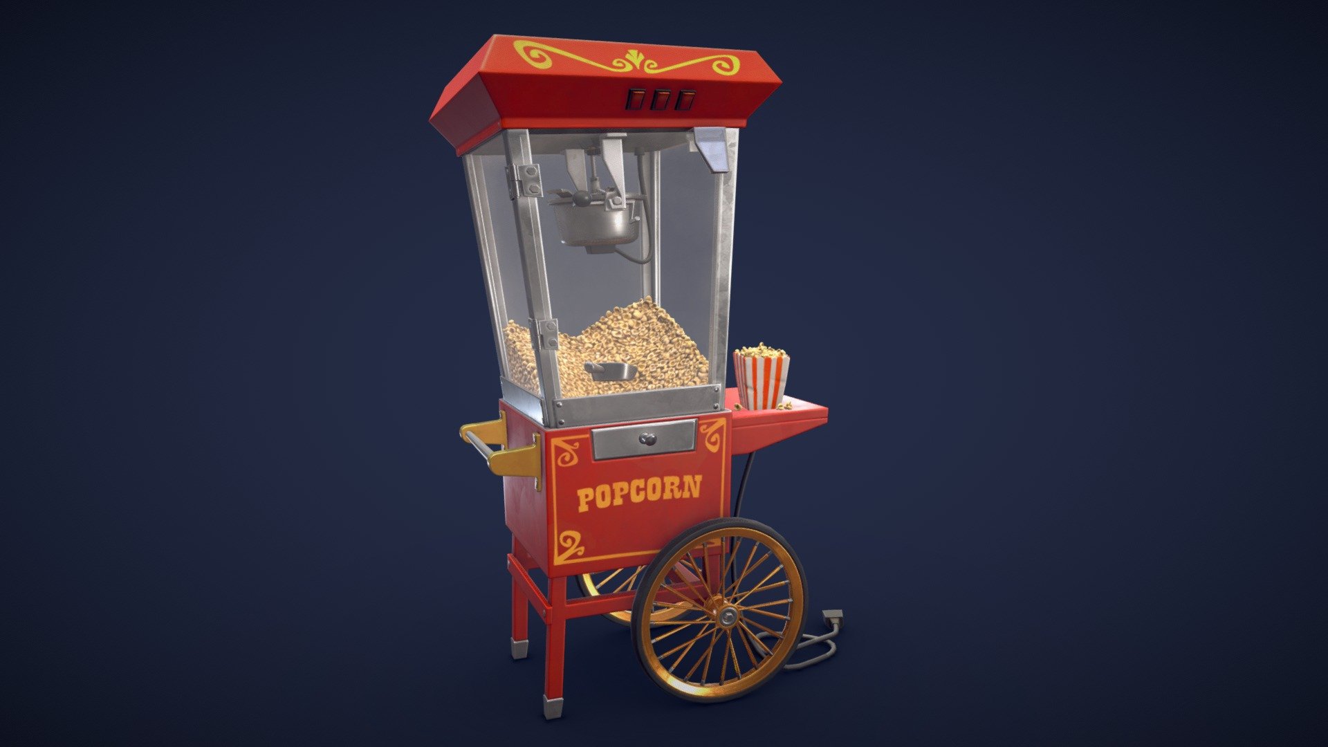 A 3D model of a vintage popcorn machine / popcorn stand and popcorn meshes. This purchase includes 11 different assets. Whether you want to create a funfair, a themepark setting, or a vintage cinema, this stylized popcorn machine model will add some personality and detail to your project. 

Model information:




Optimized low-poly assets for real-time usage.

Optimized and clean UV mapping.

2K and 4K textures for the assets are included.

Additional unposed popcorn machine mesh is included.

Additional popcorn meshes are included.

Additional cable meshes are included.

Compatible with Unreal Engine, Unity and similar engines.

All assets are included in a separate file as well.

Here is a look at the assets included in this pack:
 - Stylized Popcorn Machine / Cart - Low Poly - Buy Royalty Free 3D model by Lars Korden (@Lark.Art) 3d model