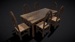 Medieval Kitchen Table Set office, bedroom, viking, medieval, surface, study, furniture, table, vr, renaissance, decor, elegant, writing, carved, saxon, norse, furnishings, wood, interior, church