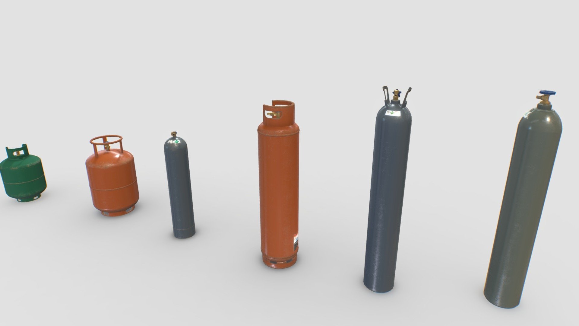 Pack of 6 industrial gas container tanks. Oxygen, hydrogen and propane cylinders.

PBR 4096px textures 4096px including albedo, normal, ao, roughness and metalness.

Real world scale.

Total of 13000 faces and 10000 vert (all pieces) 3d model
