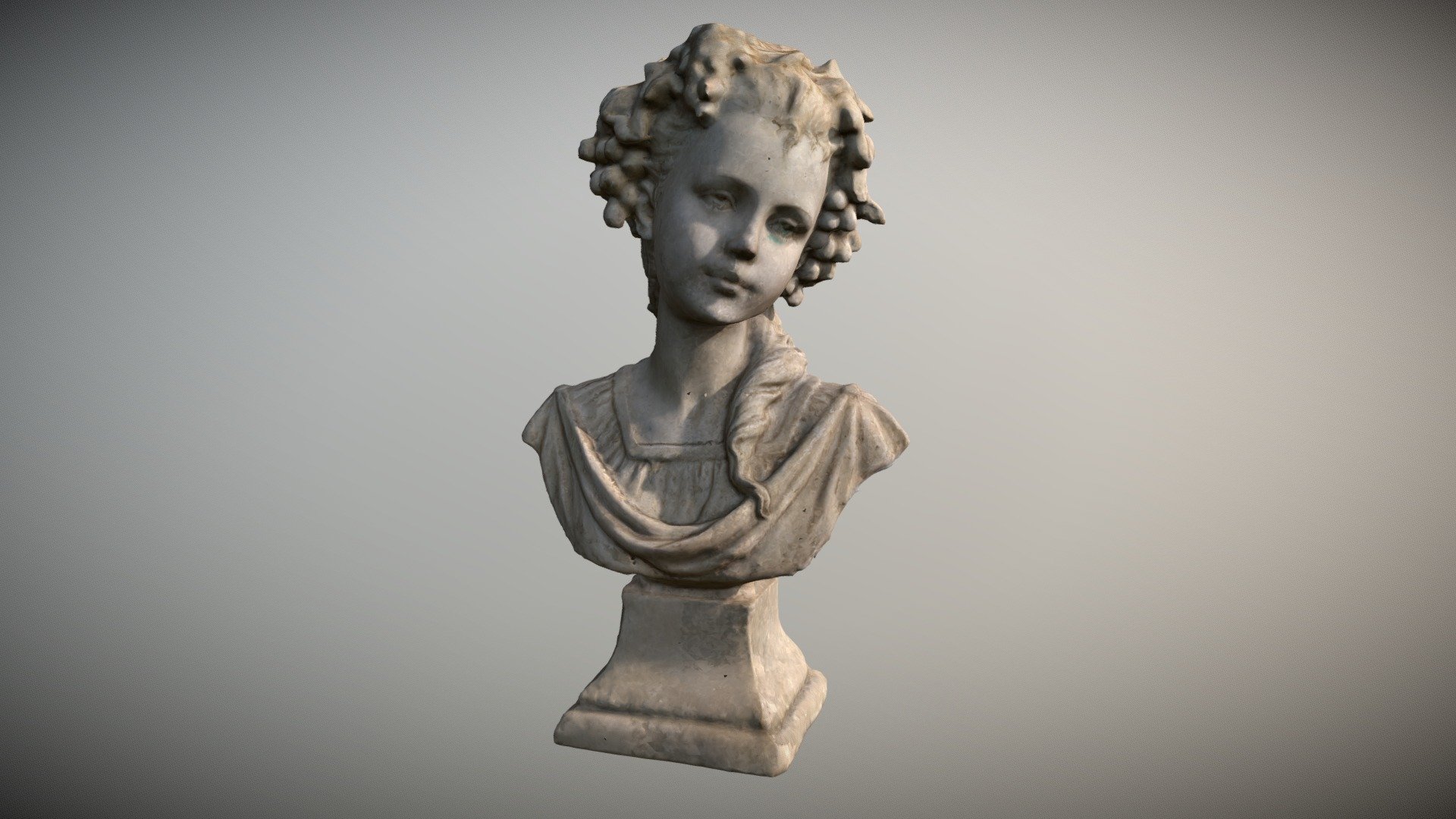 Scanned a portrait statue of a renaissance girl. Constructed in MeshRoom and optimised in Blender. Looks good from medium distances and outwards 3d model