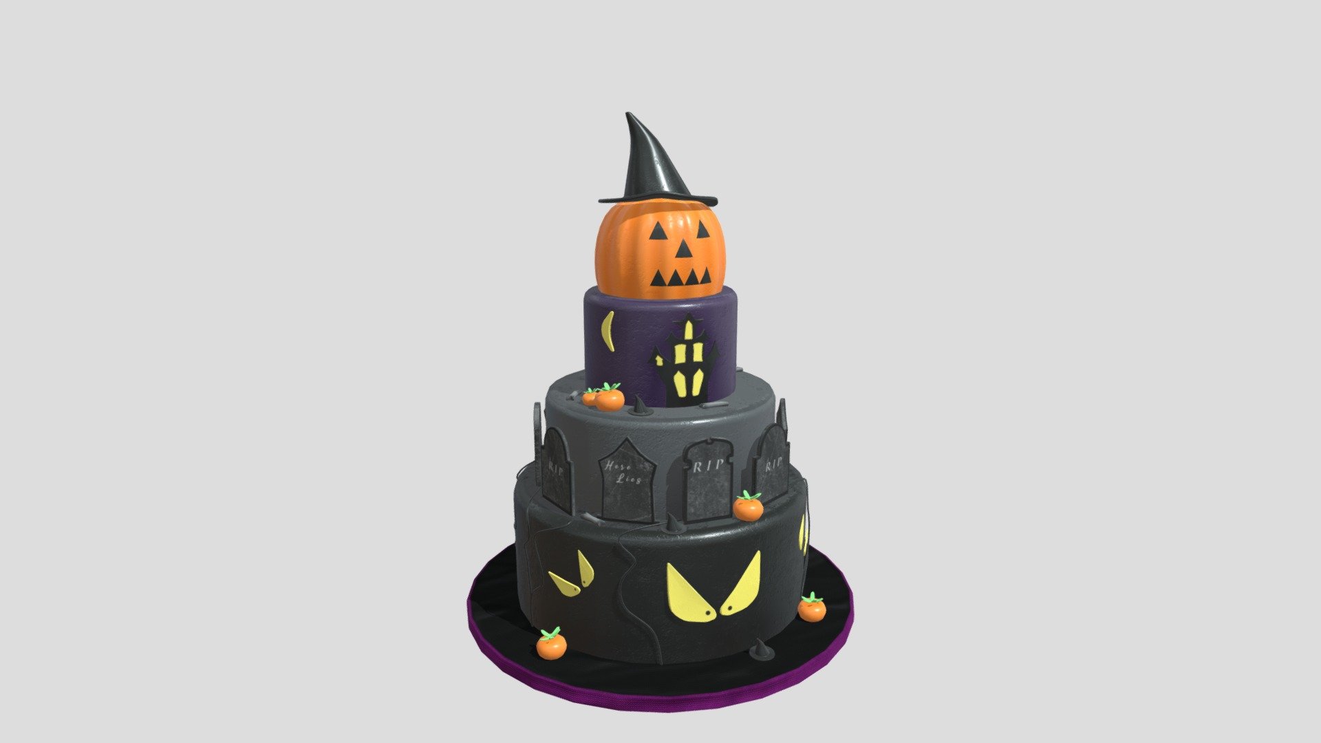 Three Level Halloween Cake 3D Model. This model contains the Three Level Halloween Cake itself

All modeled in Maya, textured with Substance Painter.

The model was built to scale and is UV unwrapped properly. Contains only one 4K texture set.

⦁ 16828 tris.

⦁ Contains: .FBX .OBJ and .DAE

⦁ Model has clean topology. No Ngons.

⦁ Built to scale

⦁ Unwrapped UV Map

⦁ 4K Texture set

⦁ High quality details

⦁ Based on real life references

⦁ Renders done in Marmoset Toolbag

Polycount:

verts 8933

edges 17738

faces 8911

tris 16828

If you have any questions please feel free to ask me 3d model