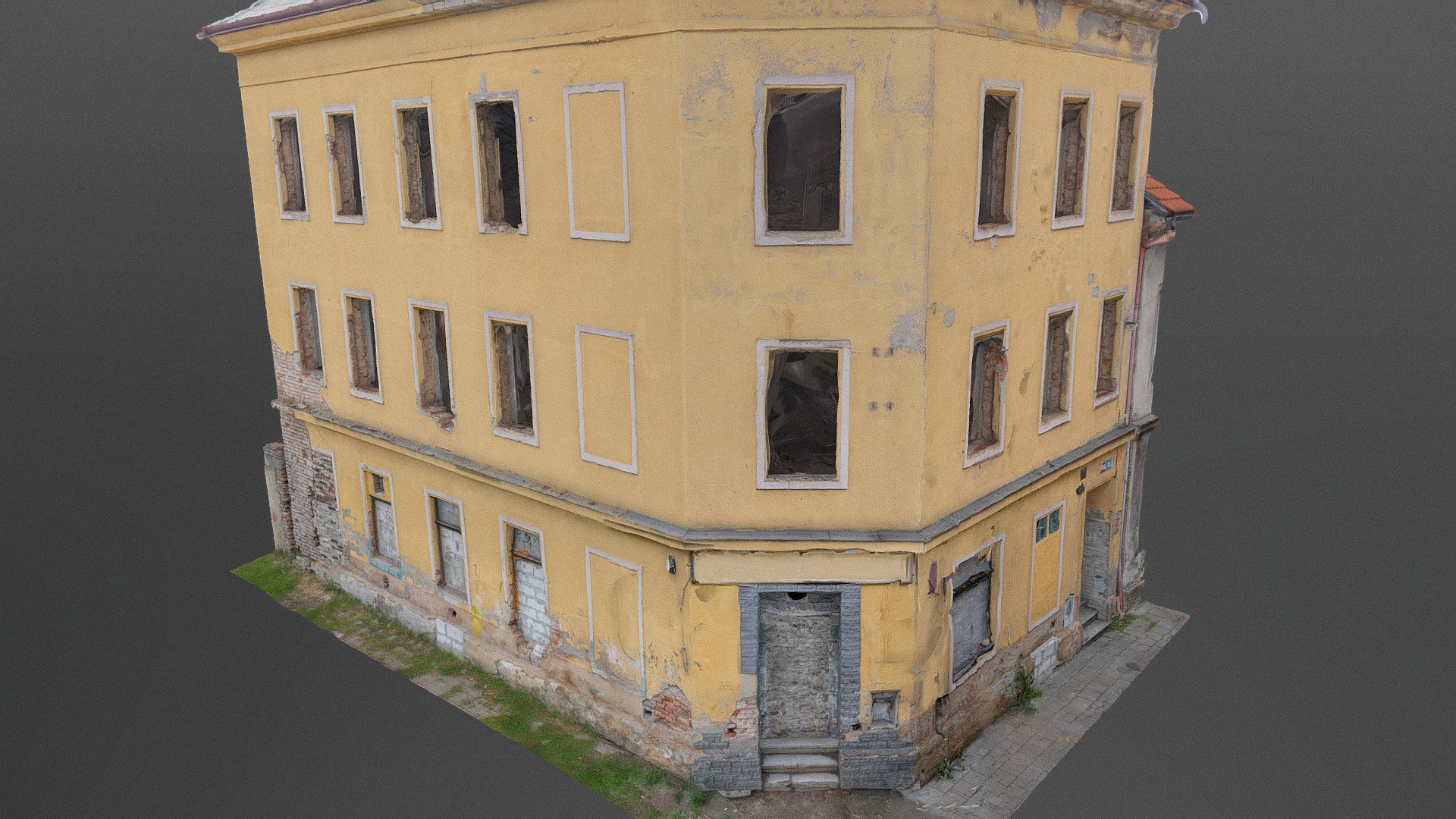 Historic old Early 20th century  yellow corner brick ruined derelict abandoned apartment house building facade scene 3D model street line

photogrammetry scan (350x36MP), 5x8K texture +HD normals (as additional .zip) - contact me for source photos or re-exports - Yellow corner house ruin - Buy Royalty Free 3D model by matousekfoto 3d model
