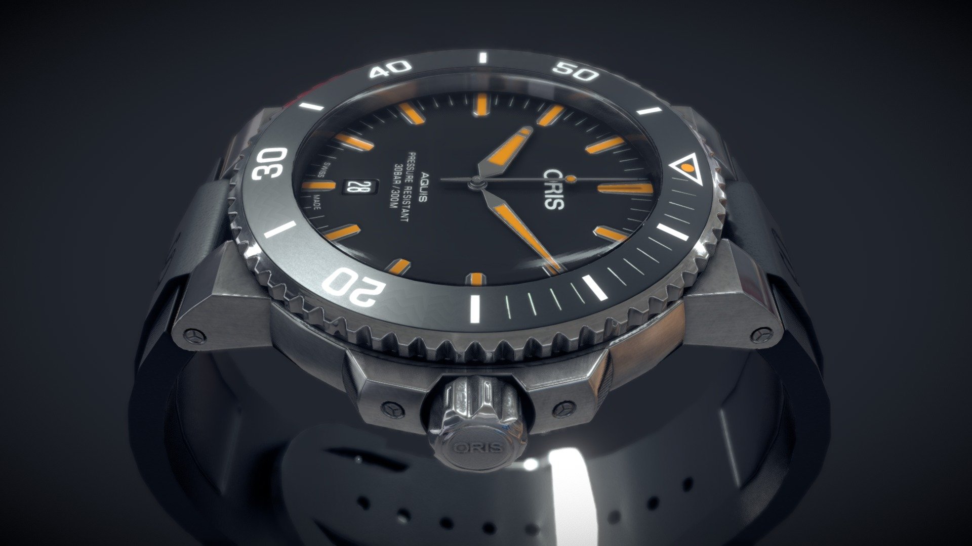Oris Aquis Date, a diver’s watch with rubber strap.
For HQ renders check here

Made for an Augmented Reality project. 

Created in Maya and textured with Substance Painter - Oris Aquis Wrist Watch - 3D model by Vishal_R 3d model