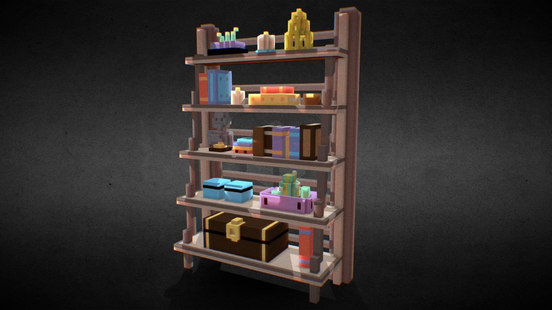 Free standing leaning shelf with books, plants and clutter 3d model