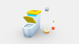 Cartoon toilet bathroom, household, tools, toilet, washroom, tool, lav, restroom, lowpolymodel, loo, toilet-paper, toilet-paper-holder, handpainted