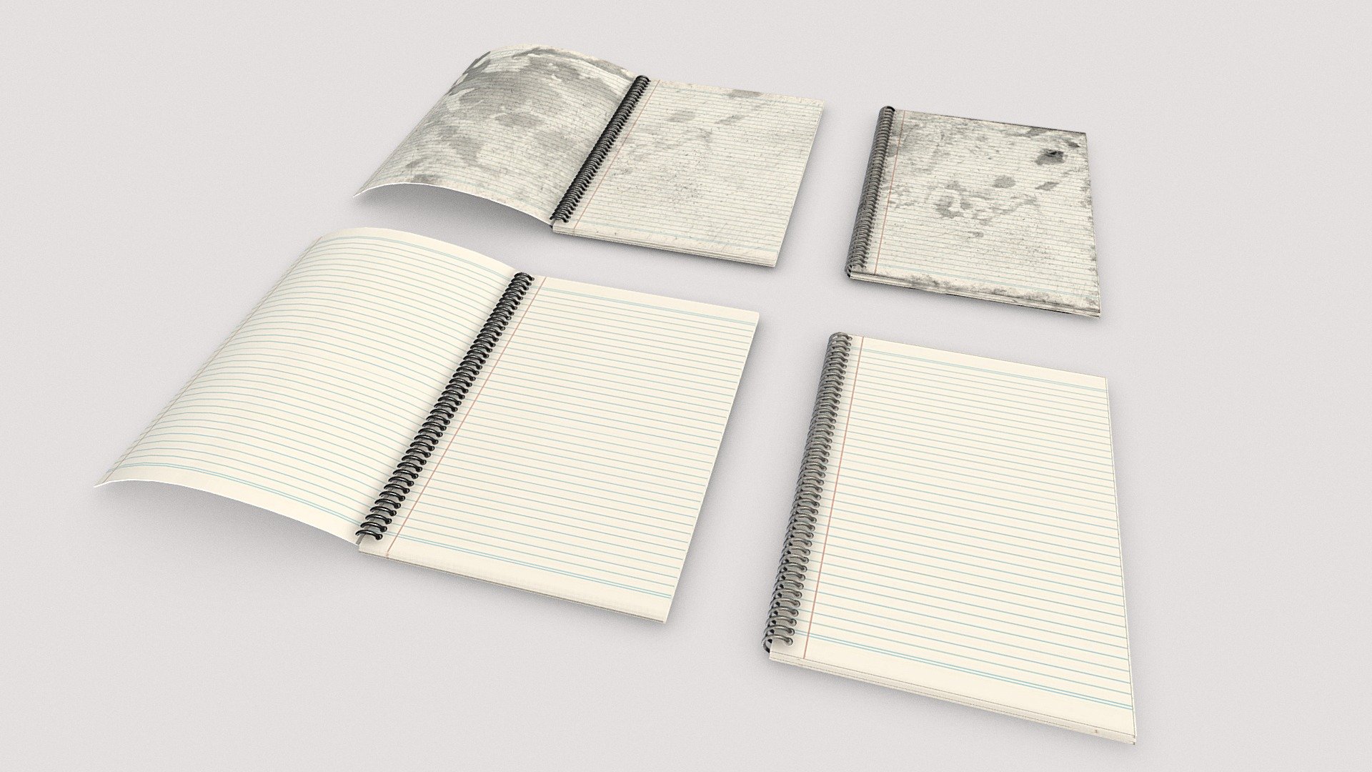 A collection of spiral notepads, different versions are suitable for different environments. 

2 open books with dirt
2 closed books that are clean

PBR textures @2k - Spiral notepads - Buy Royalty Free 3D model by Sousinho 3d model