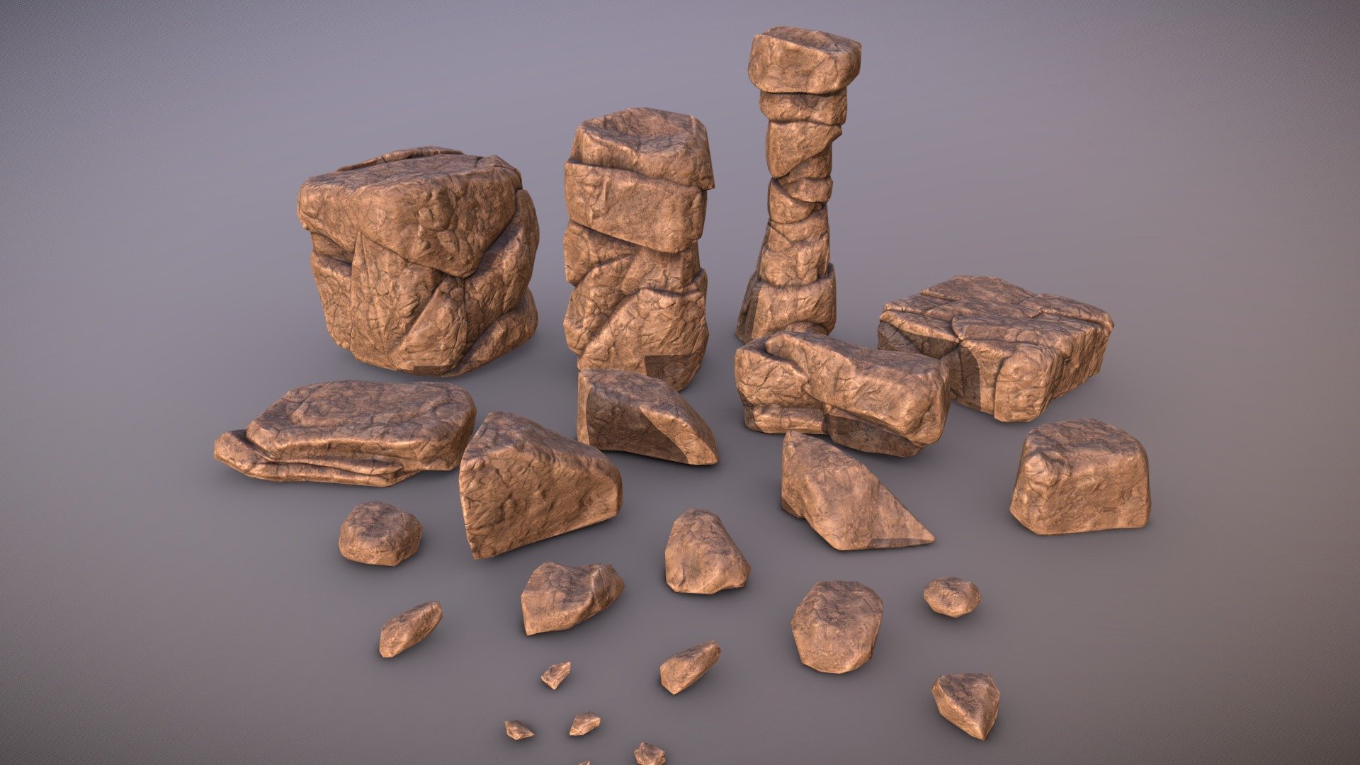 A pack of 26 rocks of different shapes and sizes.

Modular, can be used to create any shape.

Polygon count ranges from 1236 triangles to 24 triangles.

All stones are packed into the same UV and use a single material.

PBR 4096x4096 textures include Diffuse, AO, Metal and Smoothness.

Published by 3ds Max - Rock Pack 1 - Buy Royalty Free 3D model by Anthony Ferrandiz (@AnthonyFerrandiz) 3d model