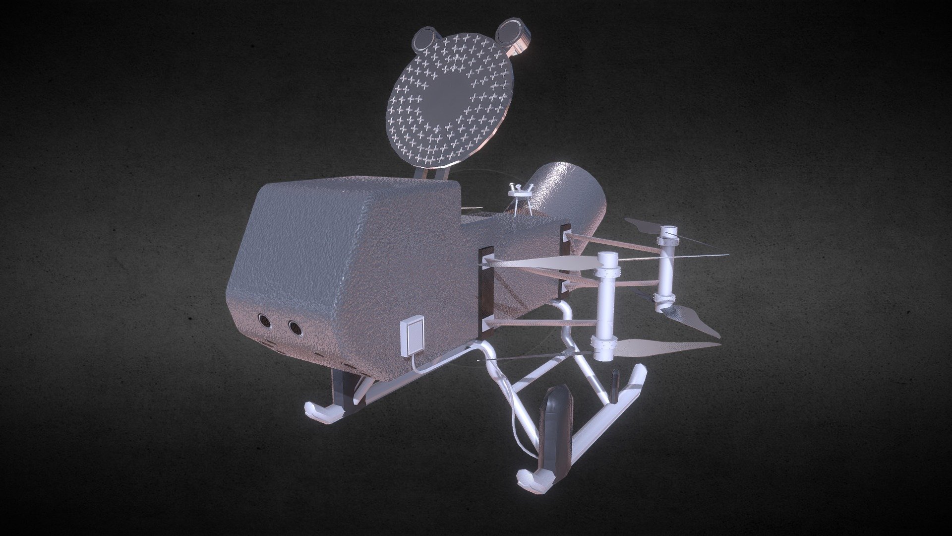 NASA’s Mobile Robotic Rotorcraft Lander planned to land on Titan, the largest moon of Saturn, to study habitabillity. A quadcopter with double rotors that is equiped with an array of spectrometers and other analytical equipment.

Fully Dummy Rigged.
4.5k Polys

Also Includes: Alternate texture resolutions: 1k and 512 3d model